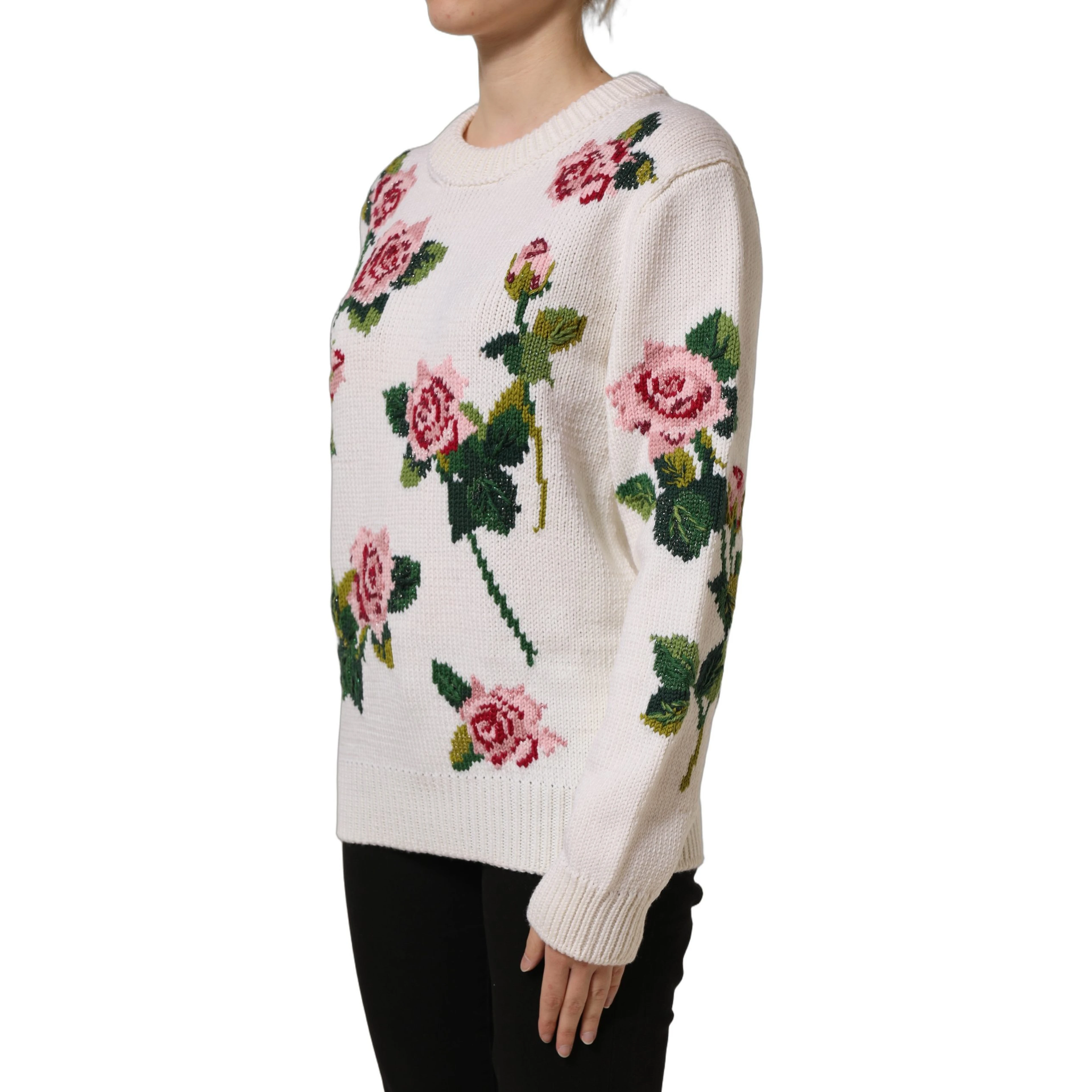 White Wool Floral Crew Neck Pullover Sweater