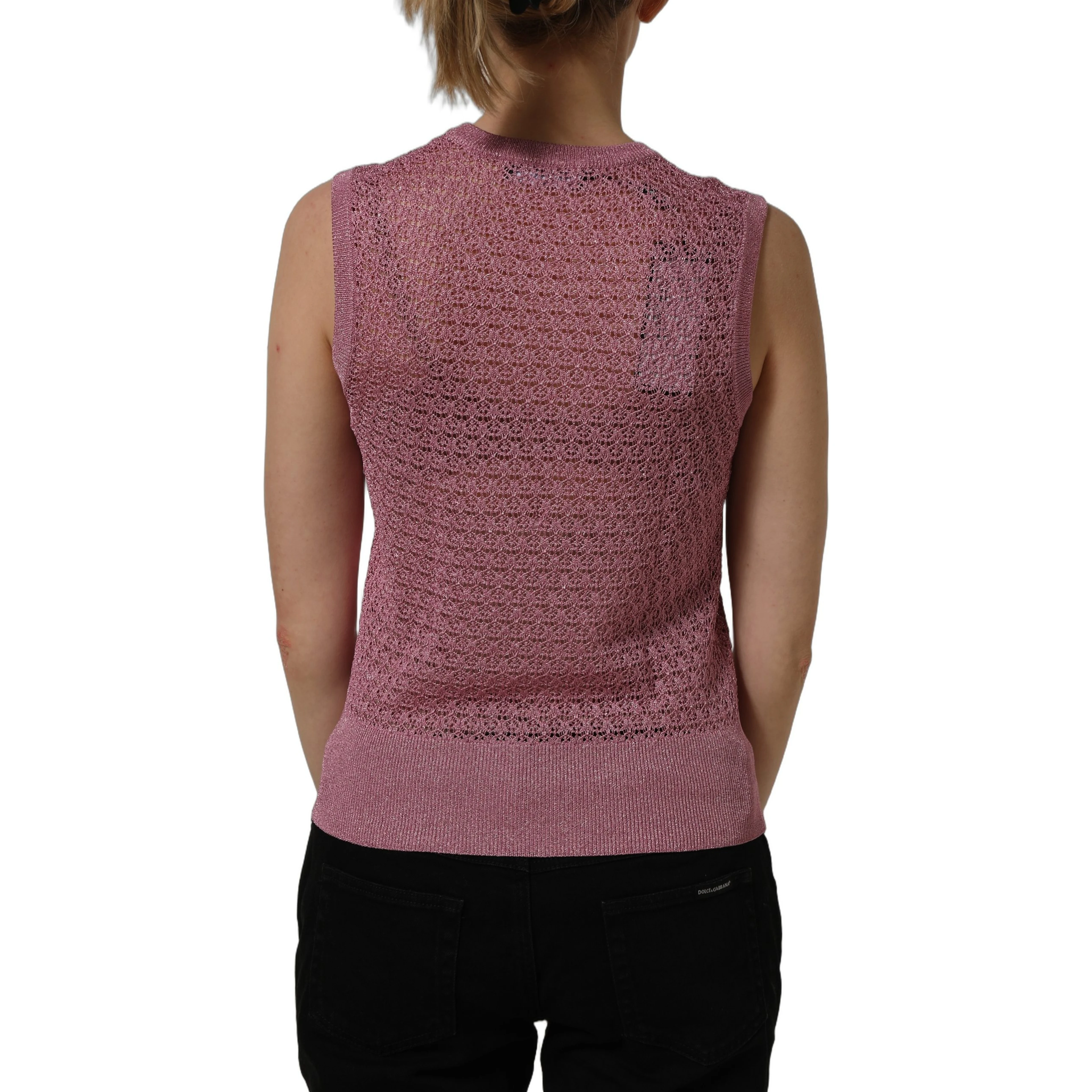 Pink Sheer Mesh Crew Neck Sleeveless Tank Top