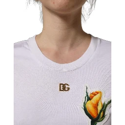 White Cotton Rose Patch Crew Neck T-shirt