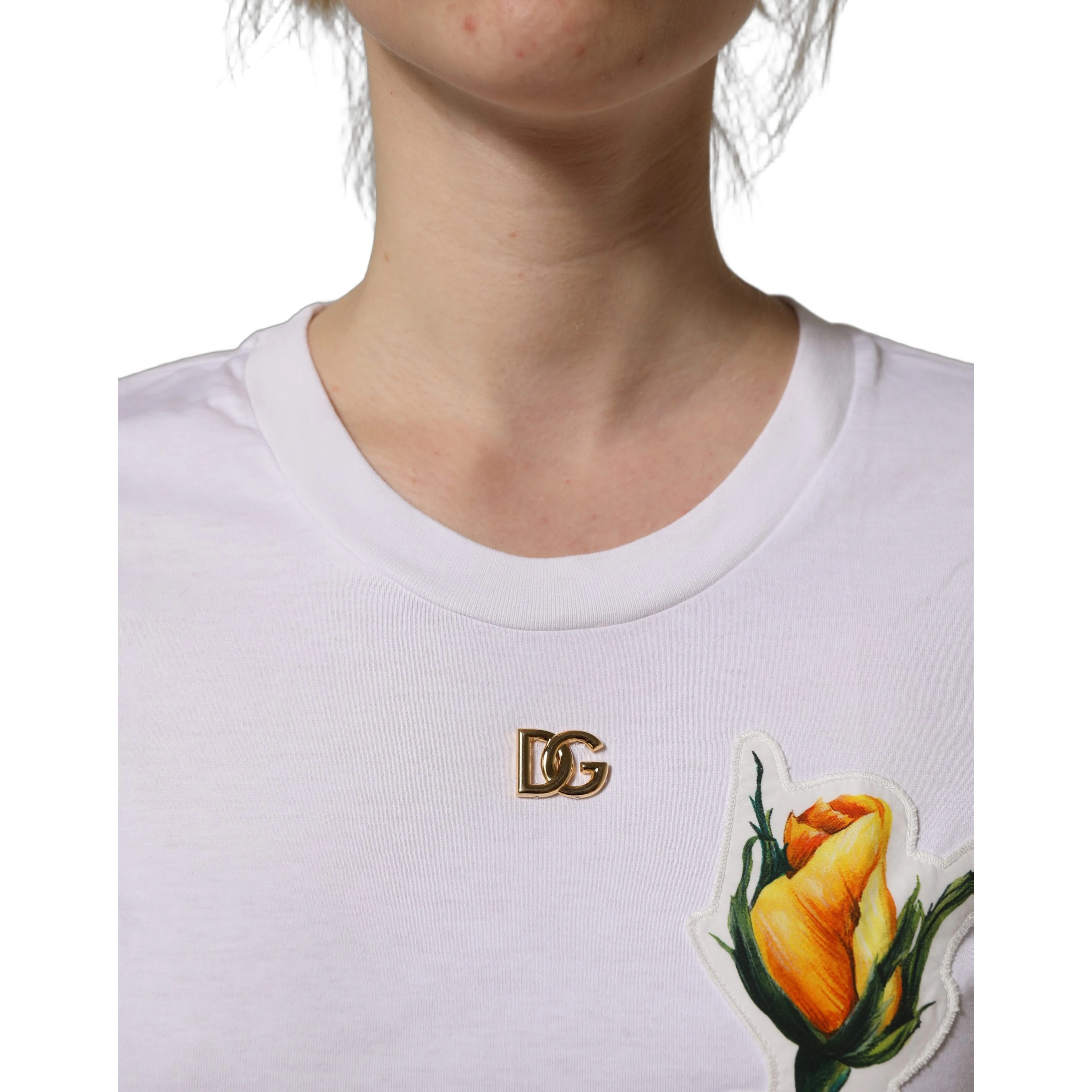 White Cotton Rose Patch Crew Neck T-shirt