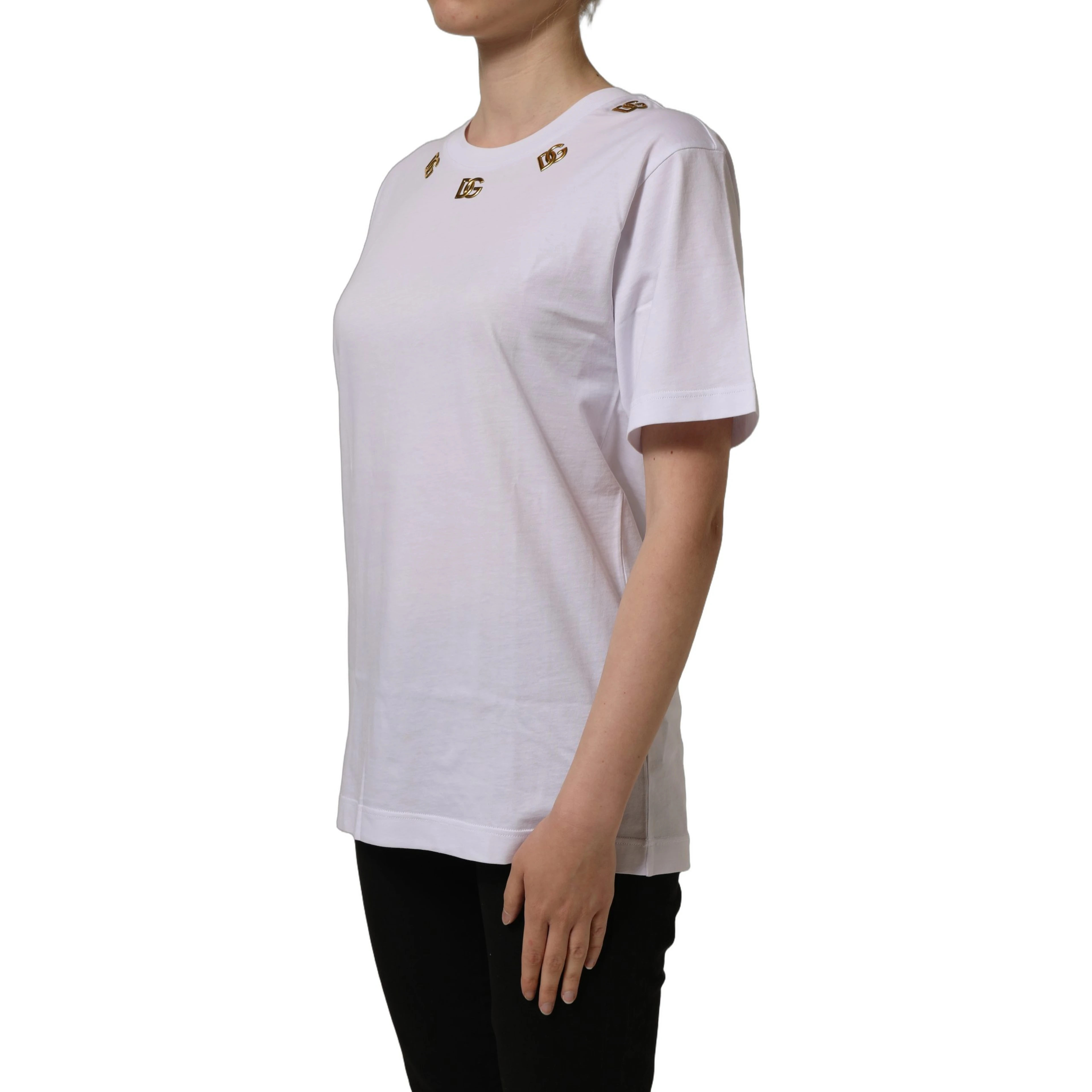 White Cotton Gold DG Logo Crew Neck T-shirt