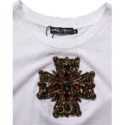White Crystal Embellished Cross Top T-shirt