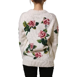 White Wool Floral Crew Neck Pullover Sweater