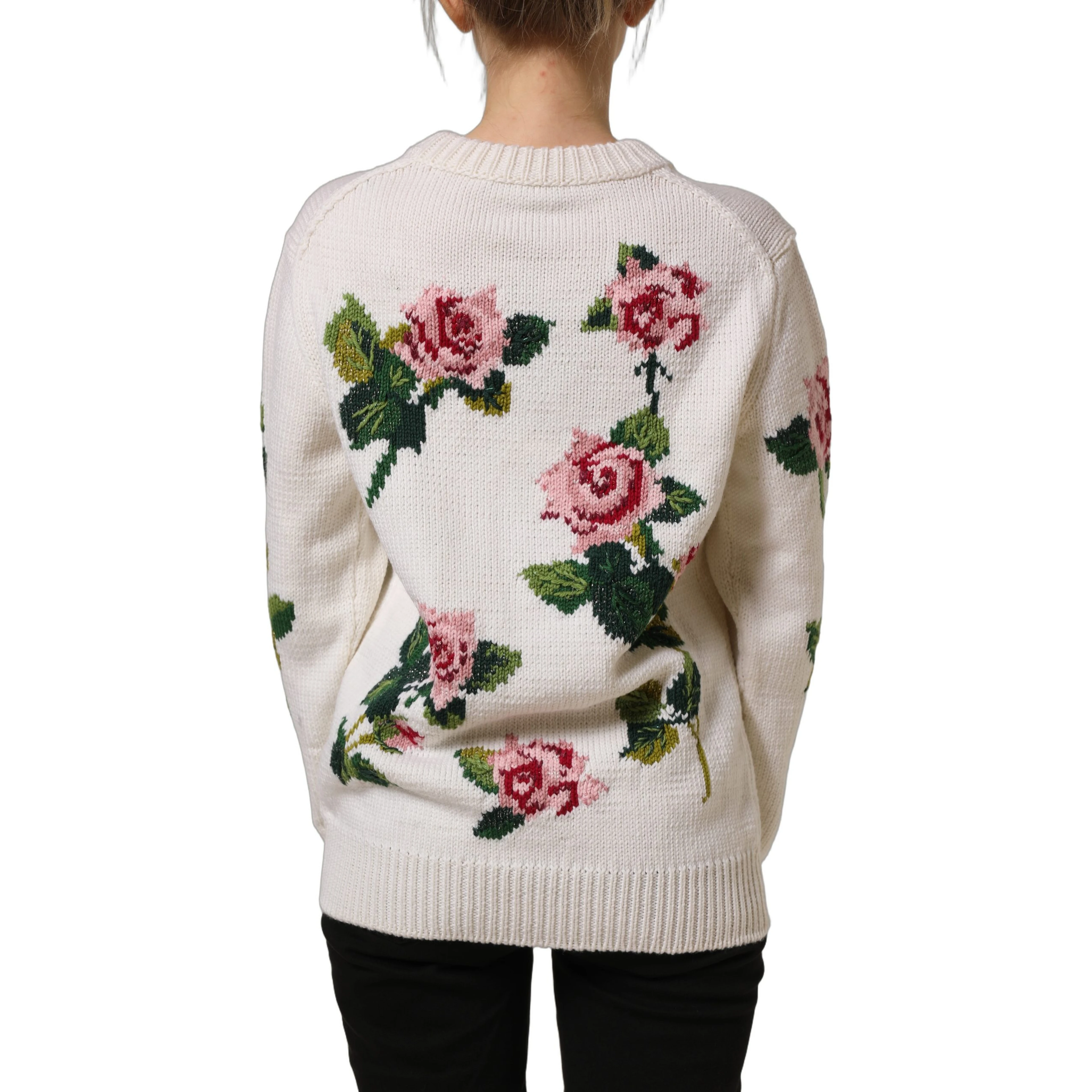 White Wool Floral Crew Neck Pullover Sweater