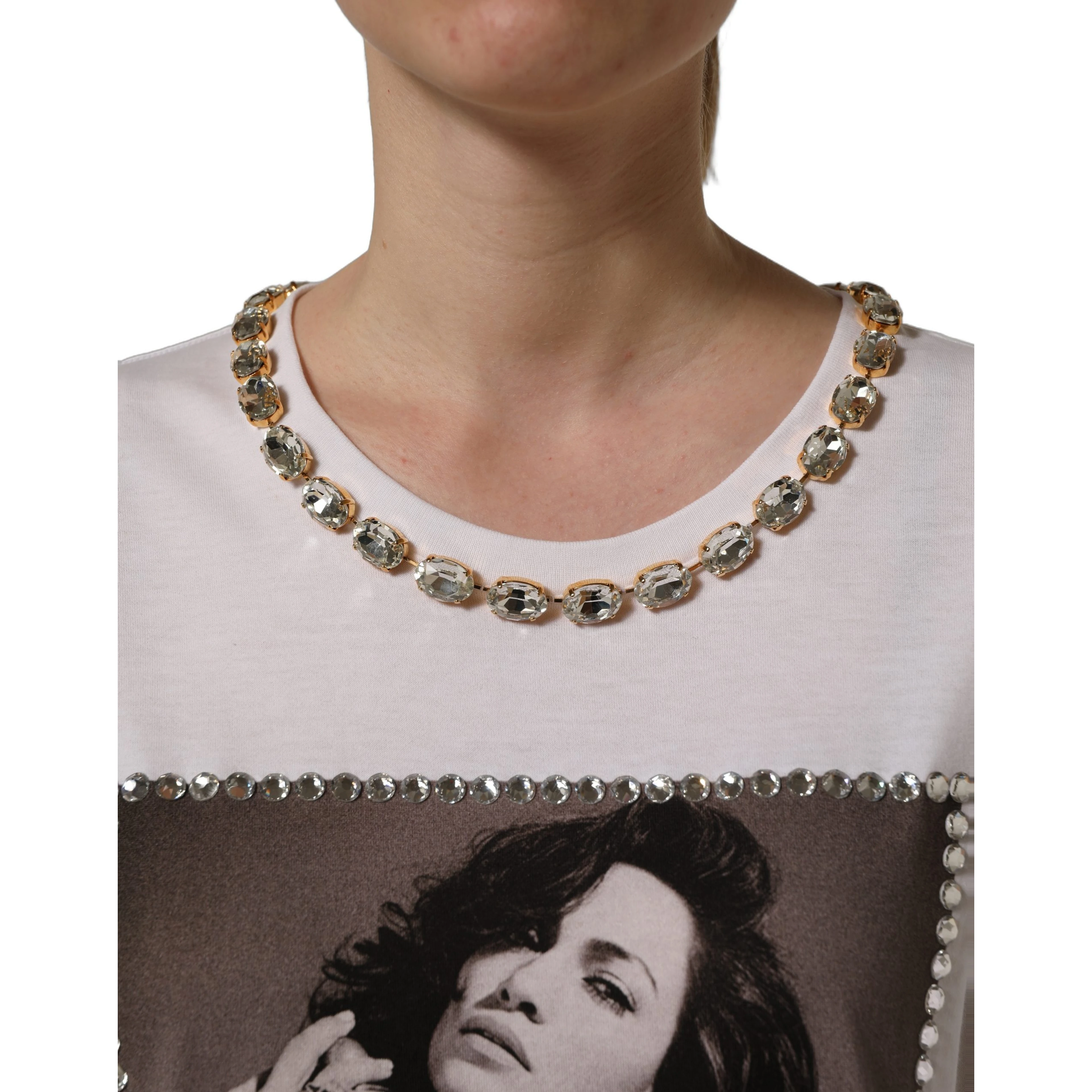 White Printed Jeweled Round Neck T-shirt