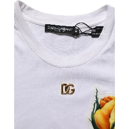 White Cotton Rose Patch Crew Neck T-shirt
