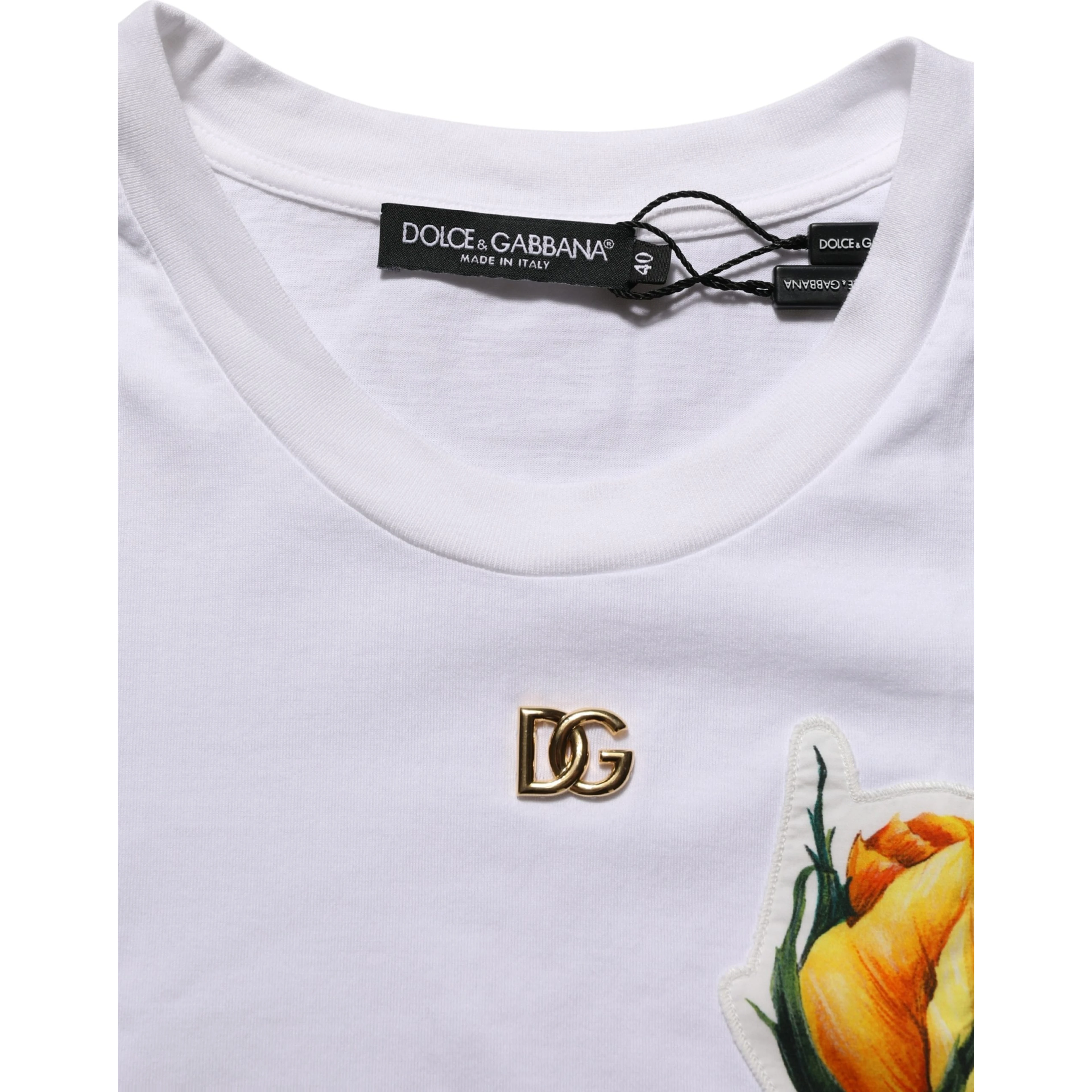 White Cotton Rose Patch Crew Neck T-shirt