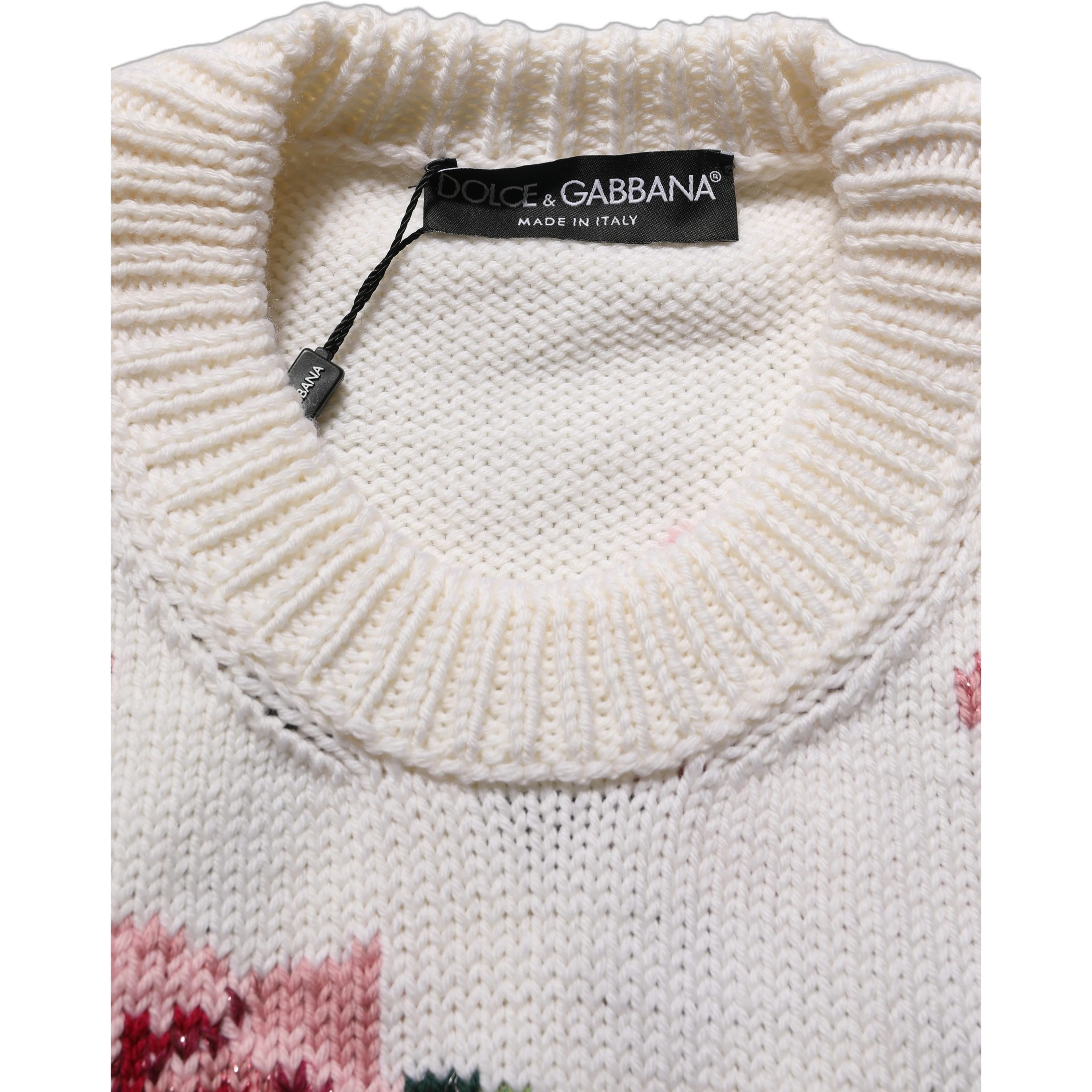 White Wool Floral Crew Neck Pullover Sweater