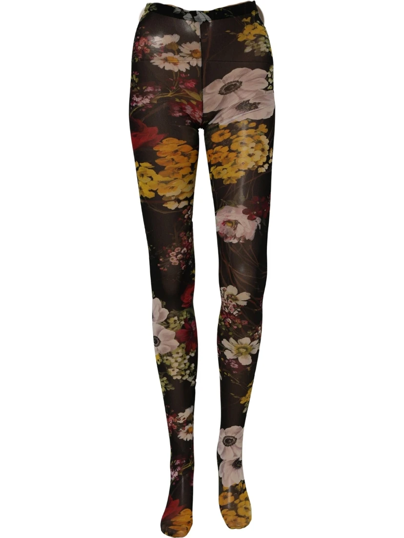 Black Nylon Floral Print Tights Stockings Socks
