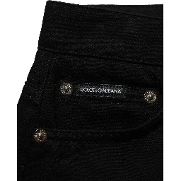 Black Cotton Mid Rise Denim Hot Pants Shorts