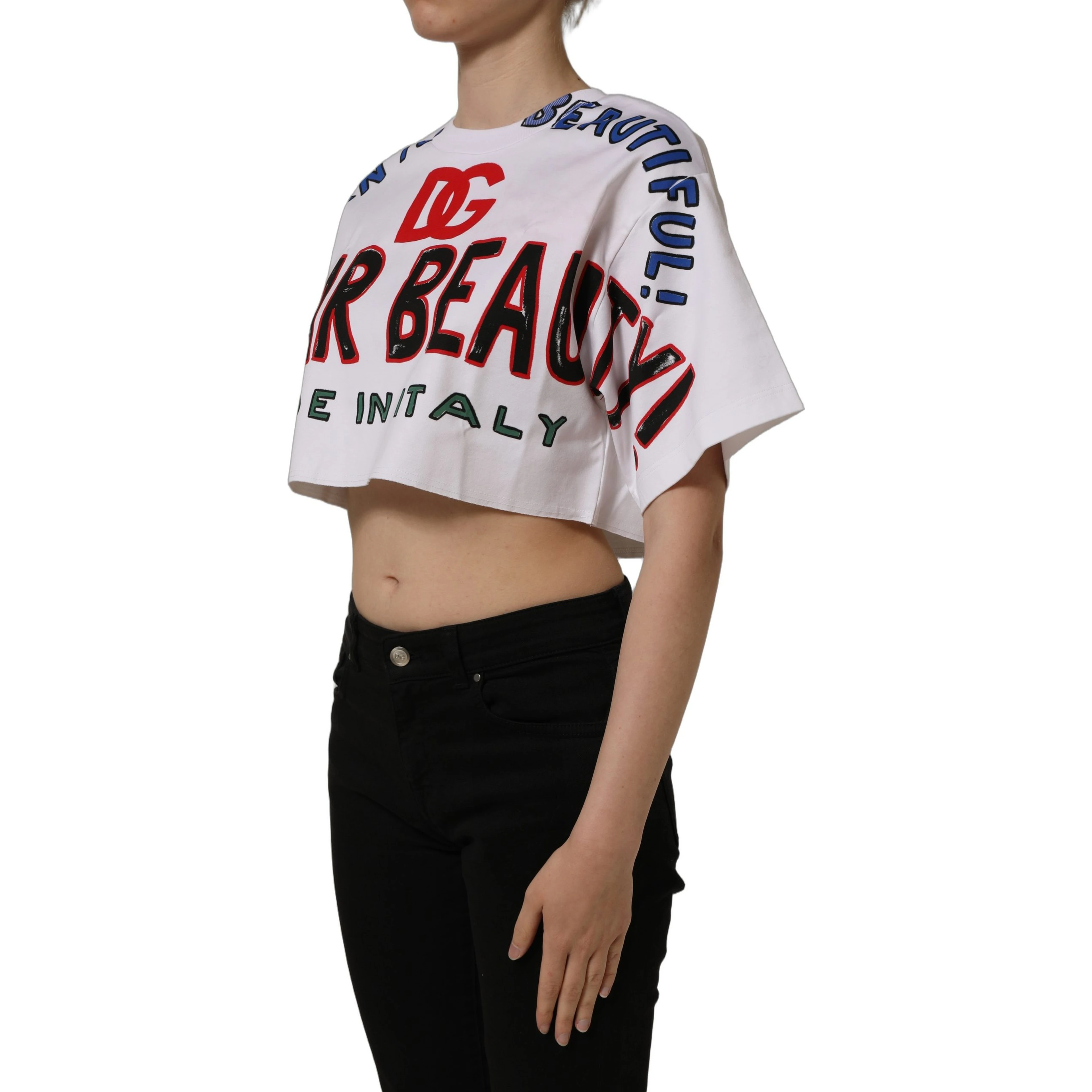 White Graphic Cotton Jersey Cropped T-shirt