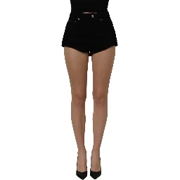 Black Cotton Mid Rise Denim Hot Pants Shorts