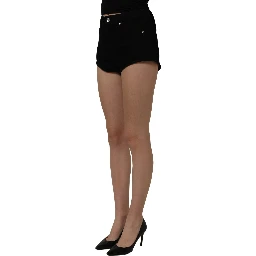 Black Cotton Mid Rise Denim Hot Pants Shorts