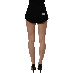 Black Cotton Mid Rise Denim Hot Pants Shorts