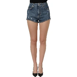 Blue Cotton High Rise Denim Hot Pants Shorts