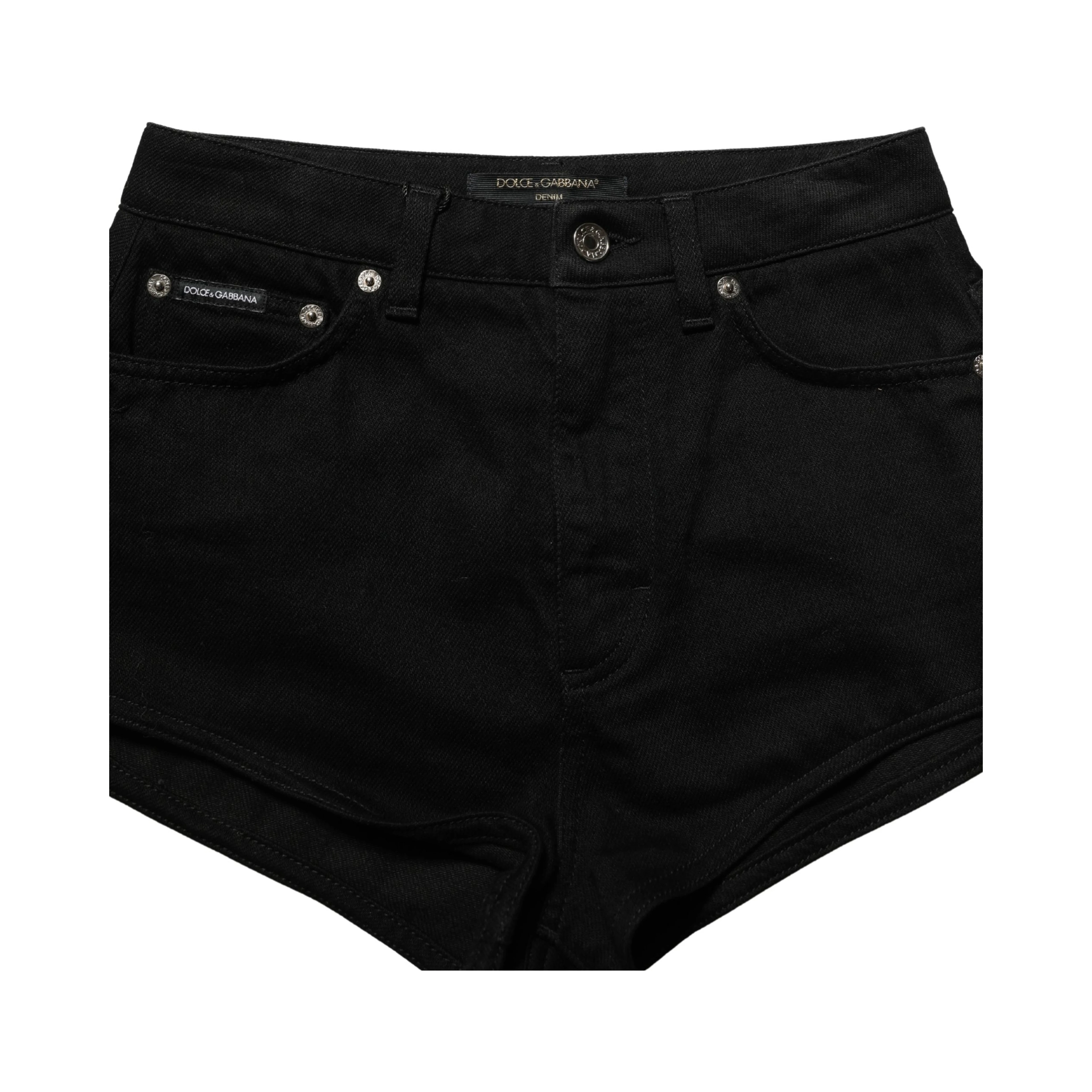 Black Cotton Mid Rise Denim Hot Pants Shorts