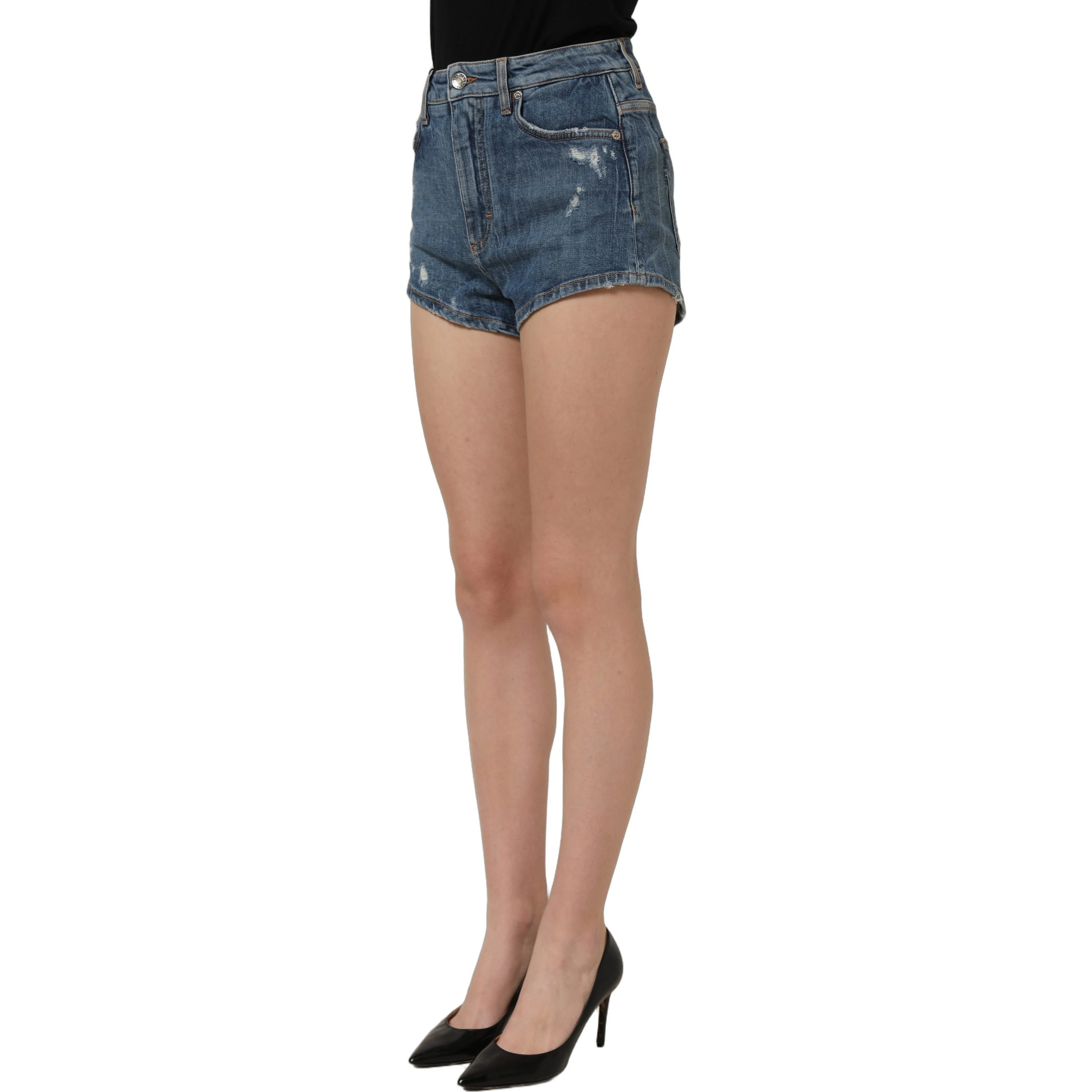 Blue Cotton High Rise Denim Hot Pants Shorts