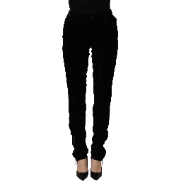 Black Viscose Blend Velvet Slim Fit Pants