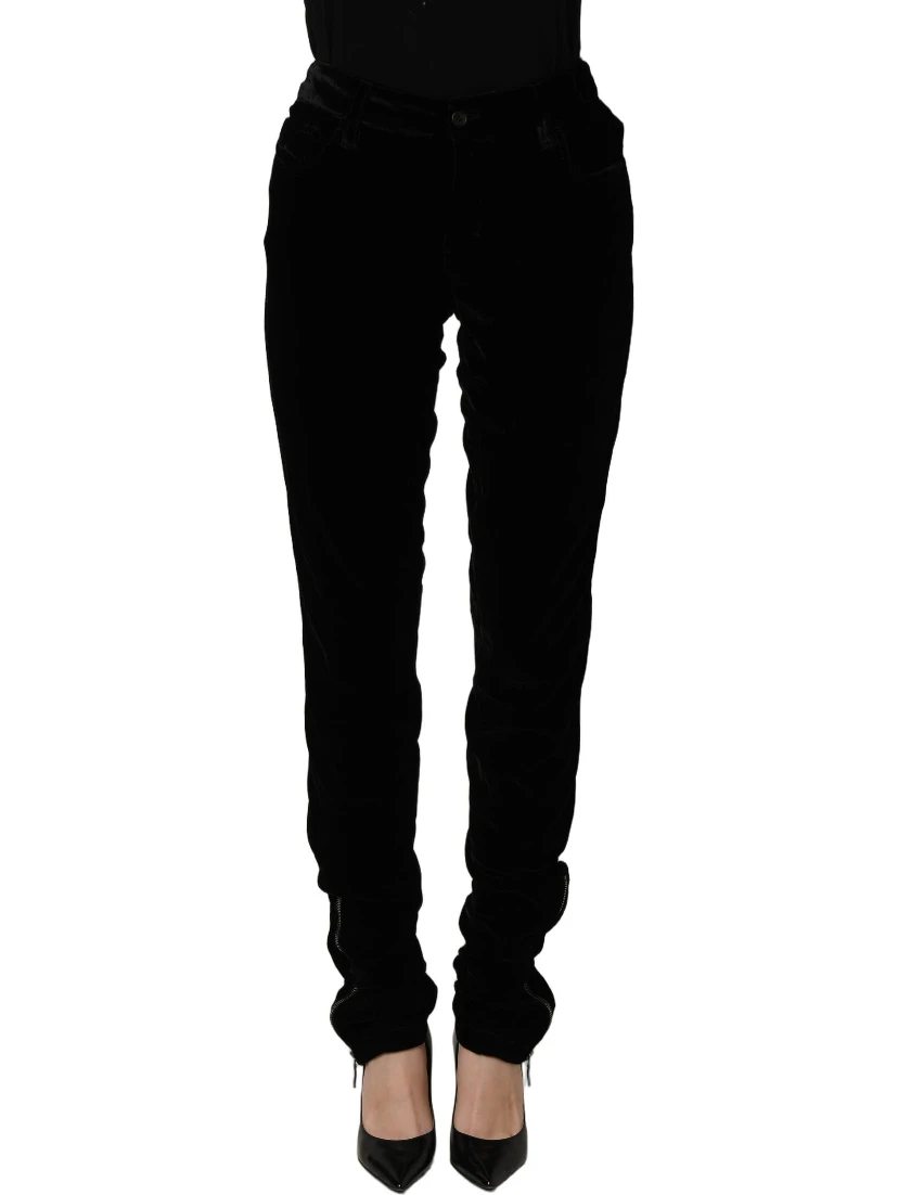Black Viscose Blend Velvet Slim Fit Pants