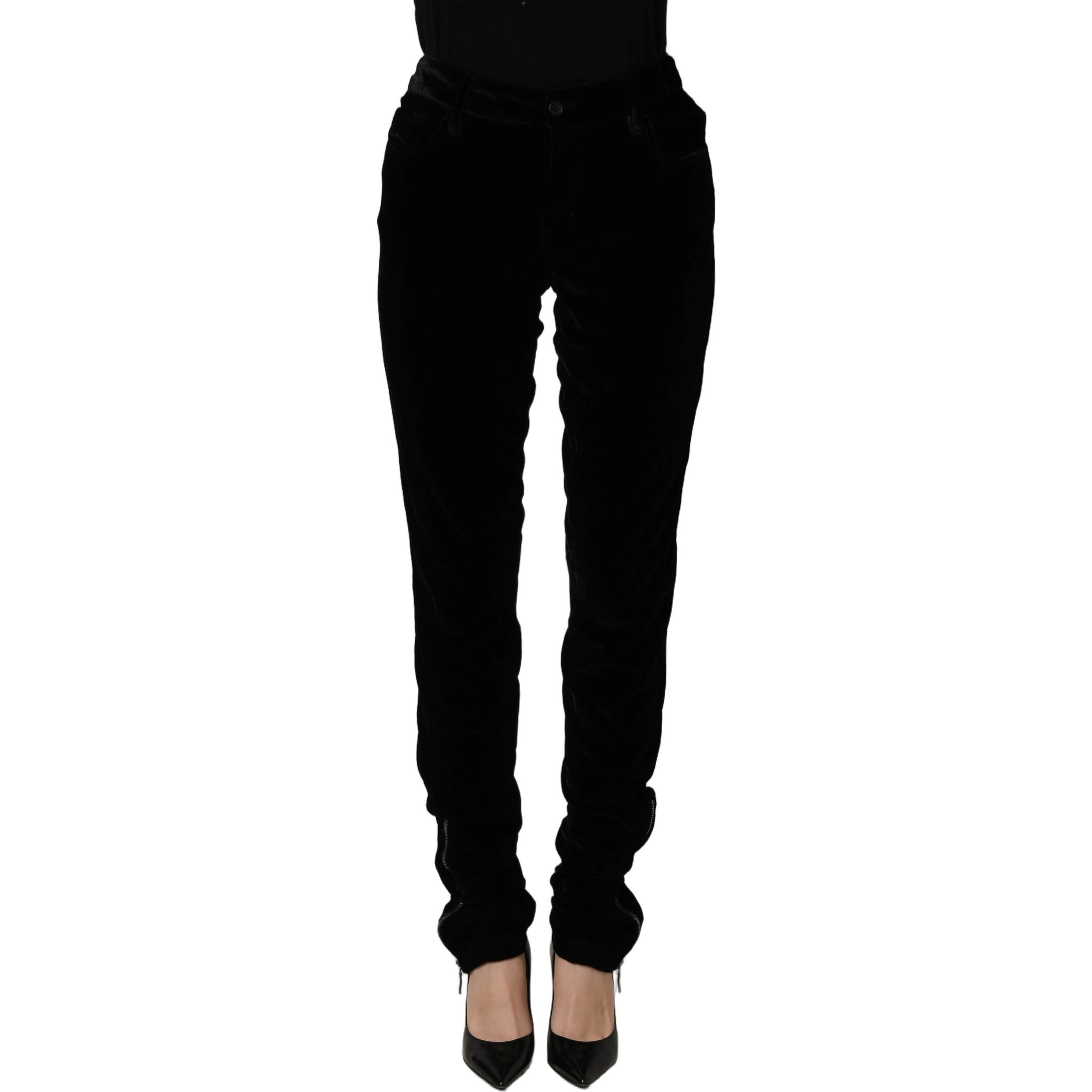 Black Viscose Blend Velvet Slim Fit Pants