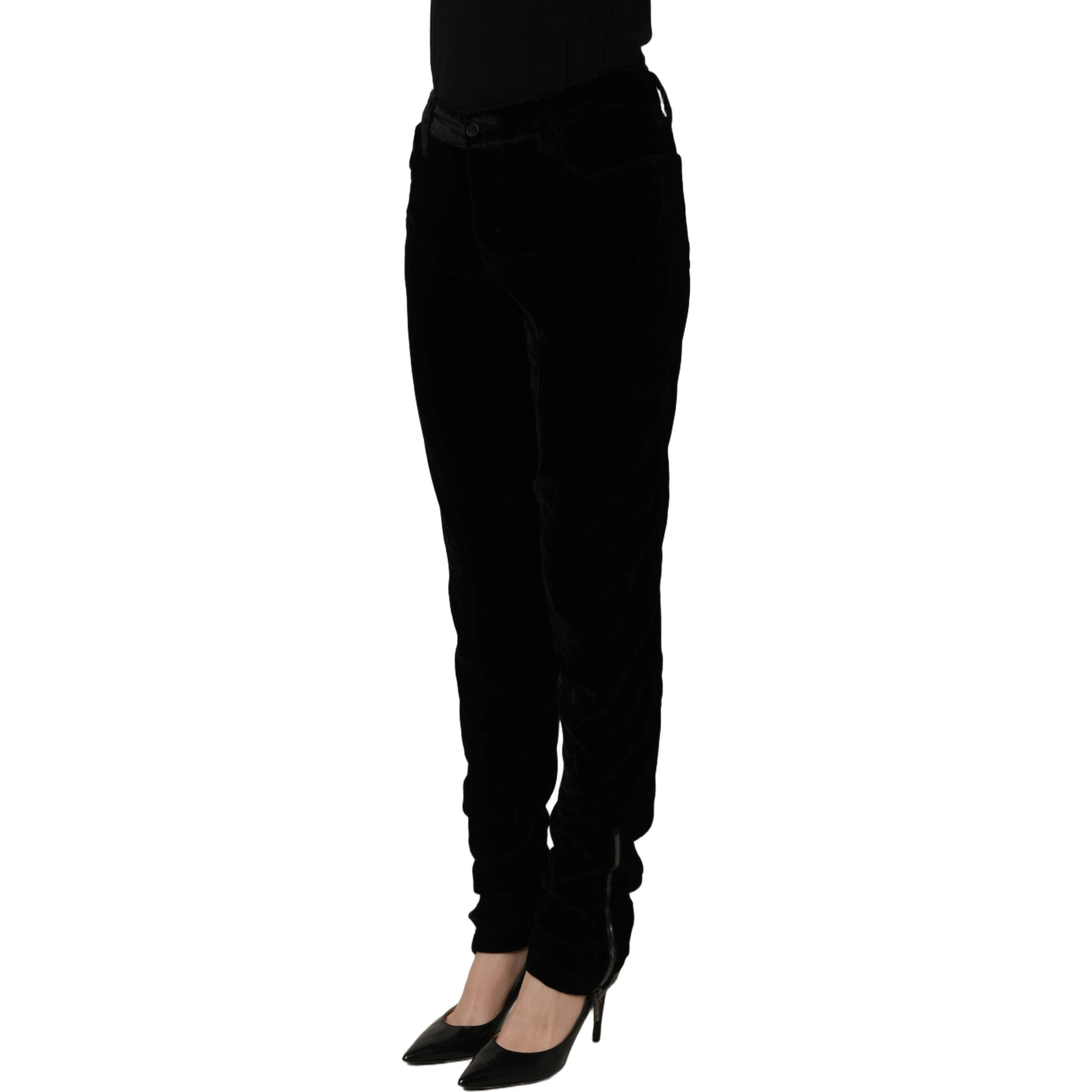 Black Viscose Blend Velvet Slim Fit Pants
