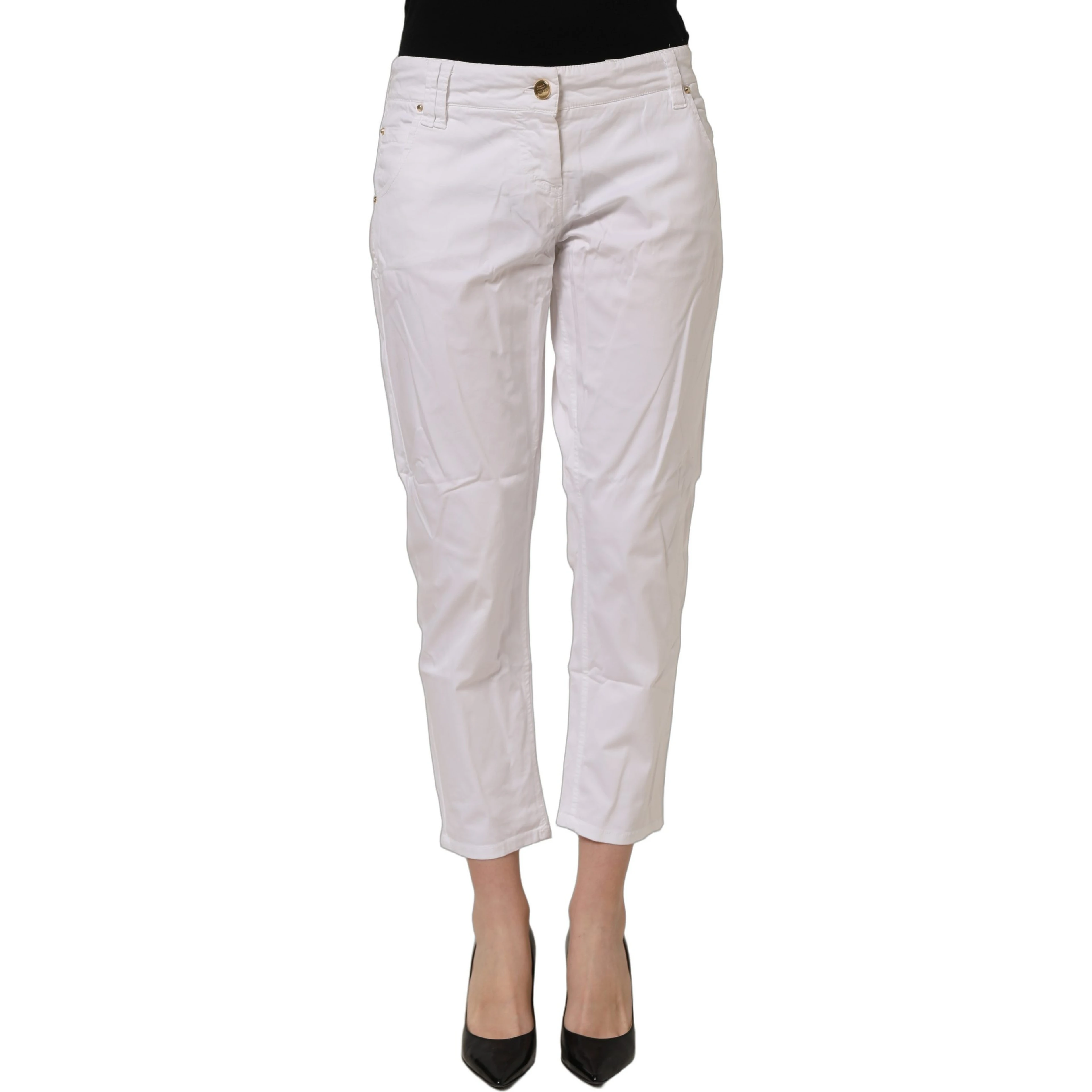 White Mid Waist Straight Cropped Cotton Trouser Pants