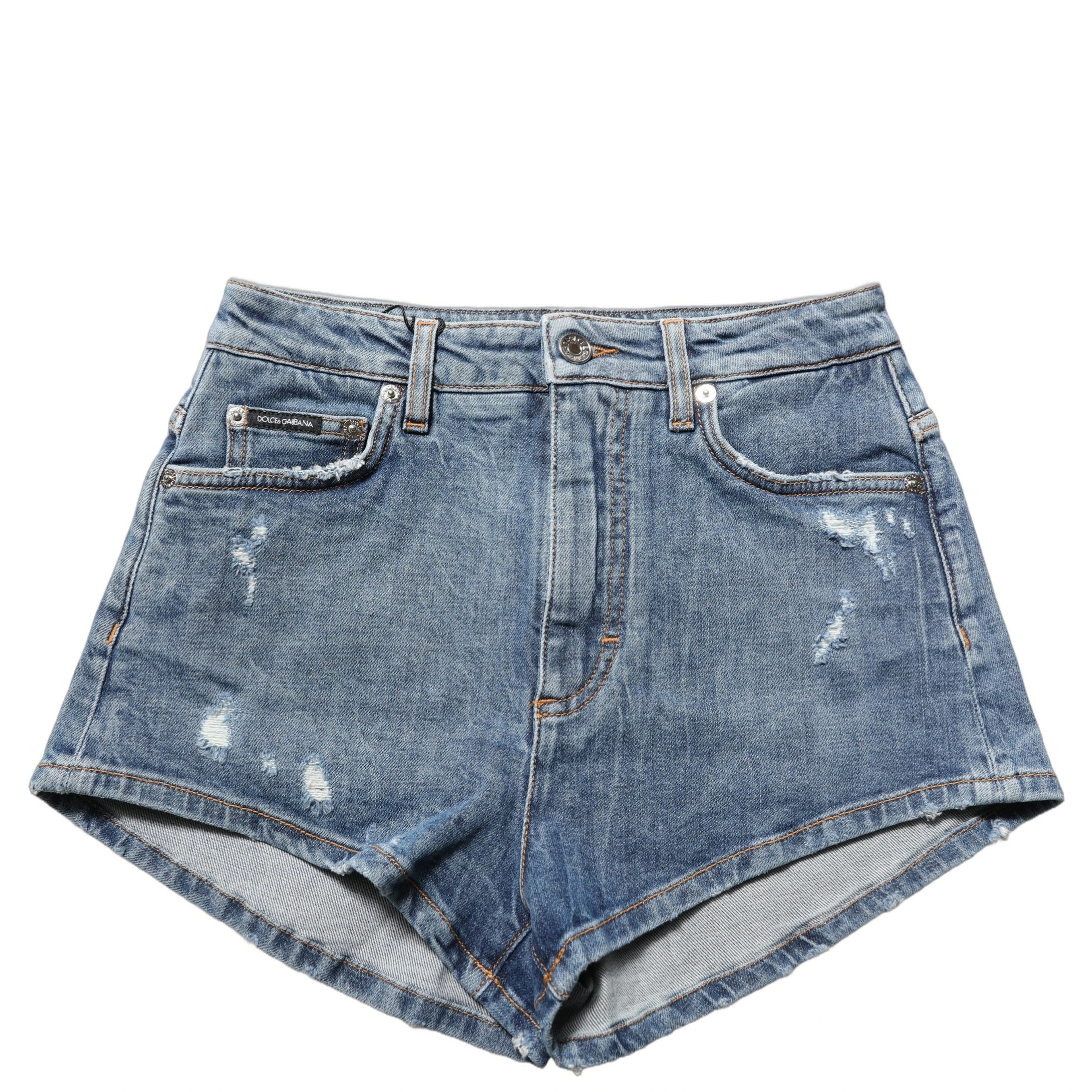 Blue Cotton High Rise Denim Hot Pants Shorts