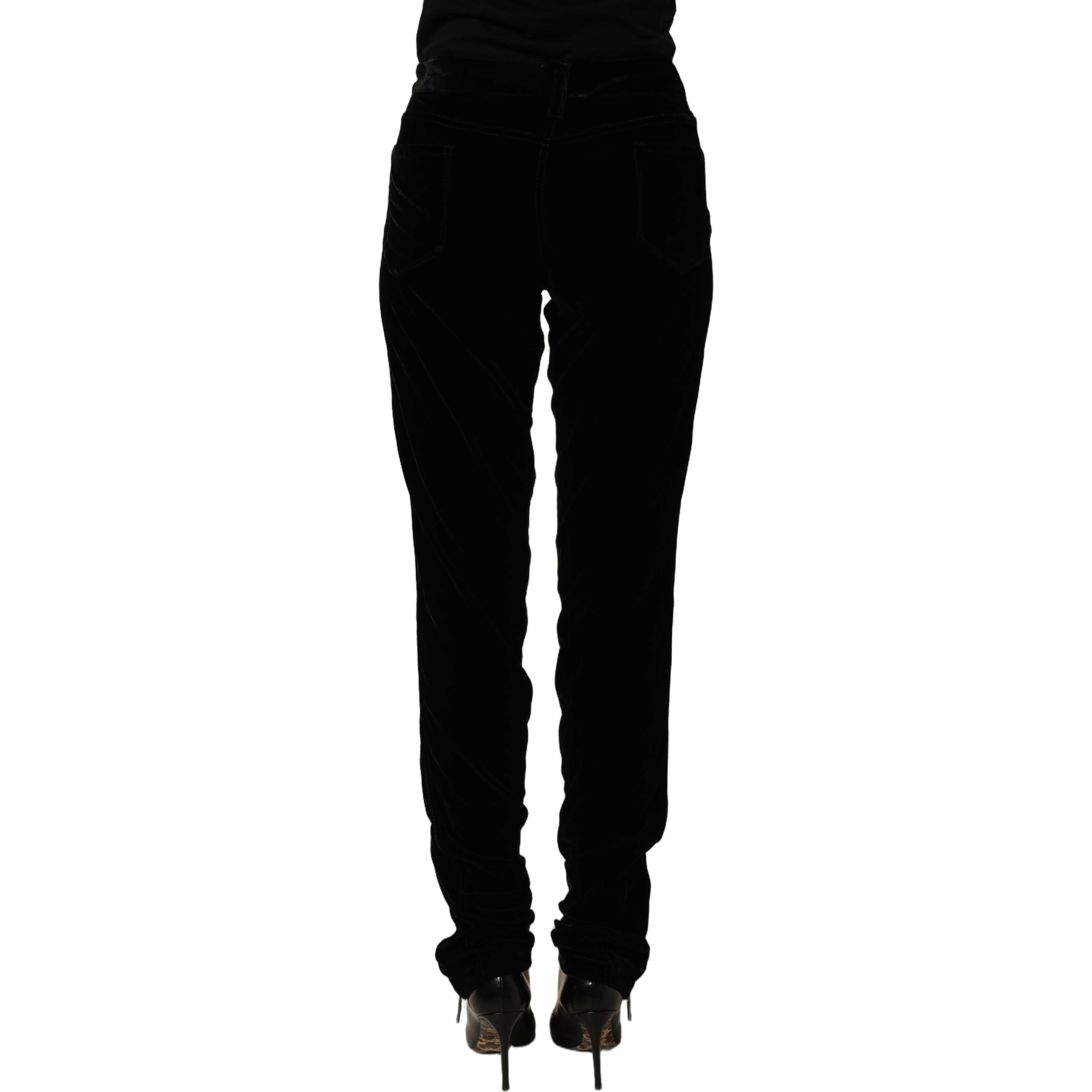 Black Viscose Blend Velvet Slim Fit Pants