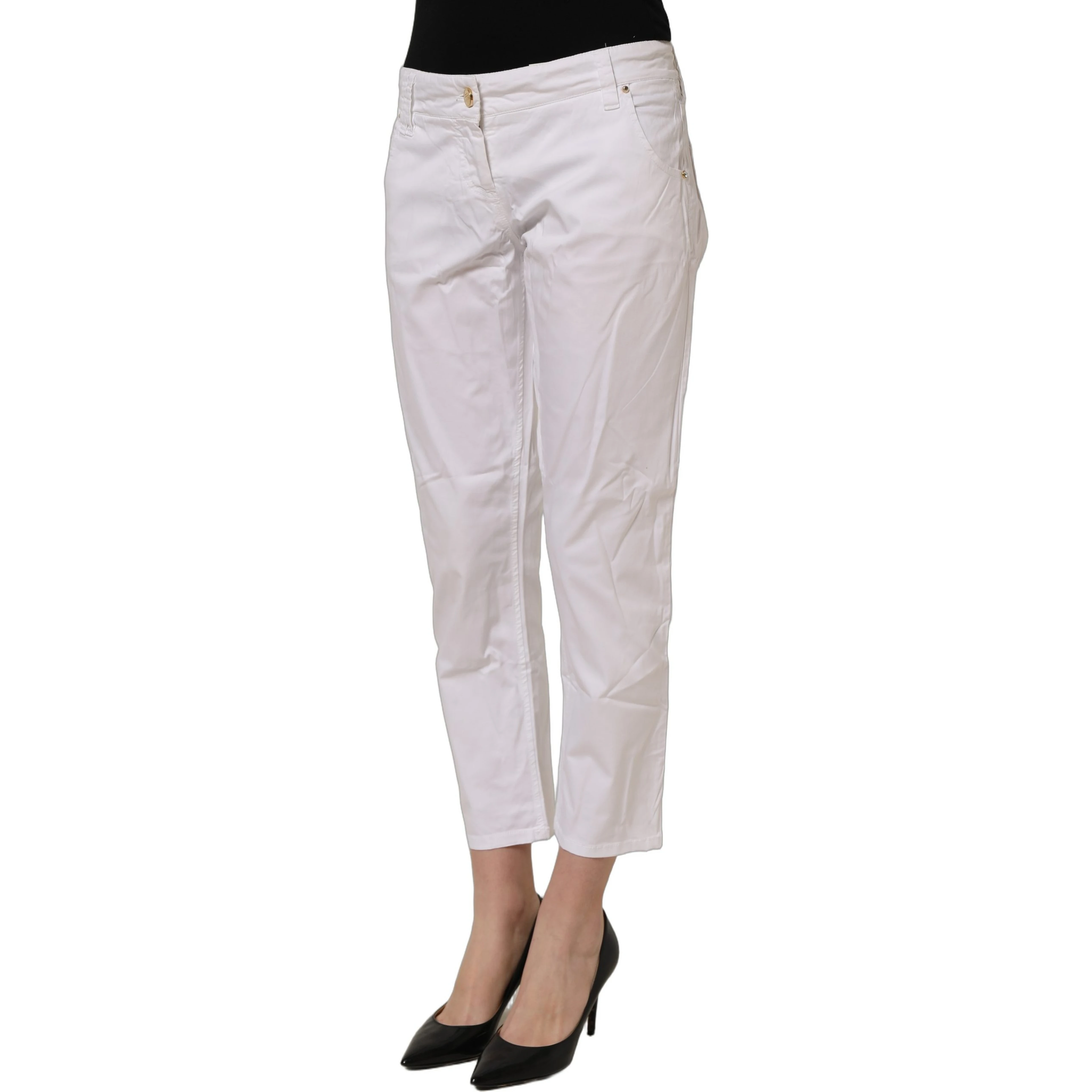 White Mid Waist Straight Cropped Cotton Trouser Pants