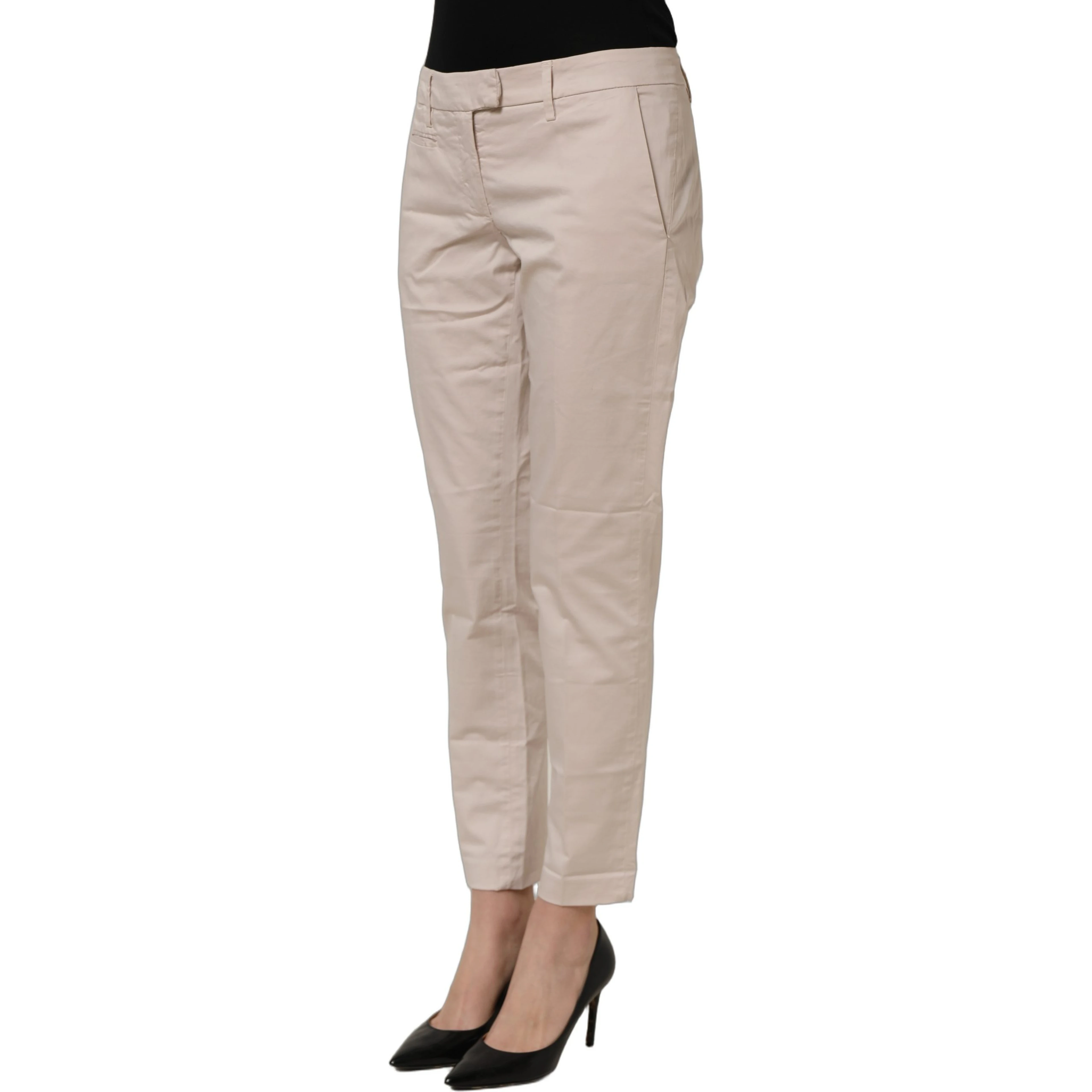 Beige Low Waist Tapered Women Cropped Trousers Pants