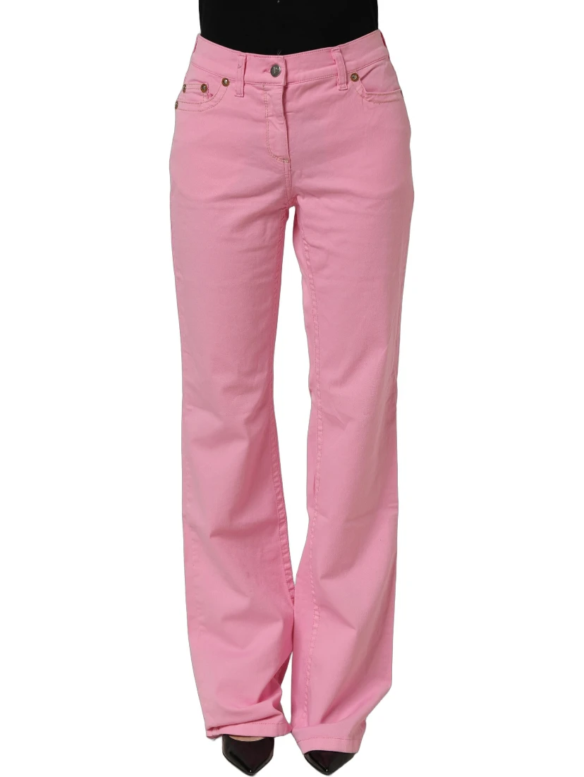 Pink Mid-Waisted Flared Denim Casual Jeans