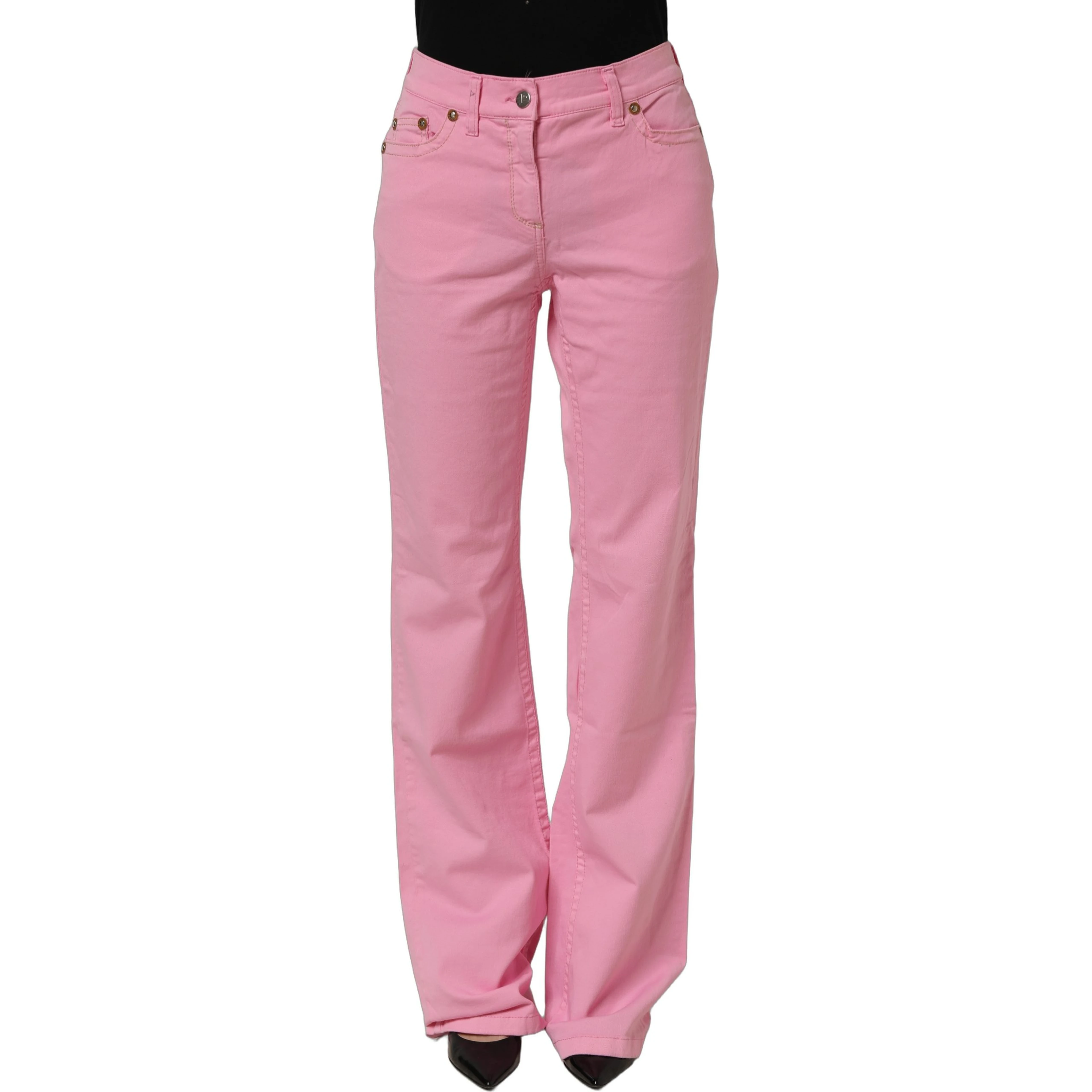Pink Mid-Waisted Flared Denim Casual Jeans