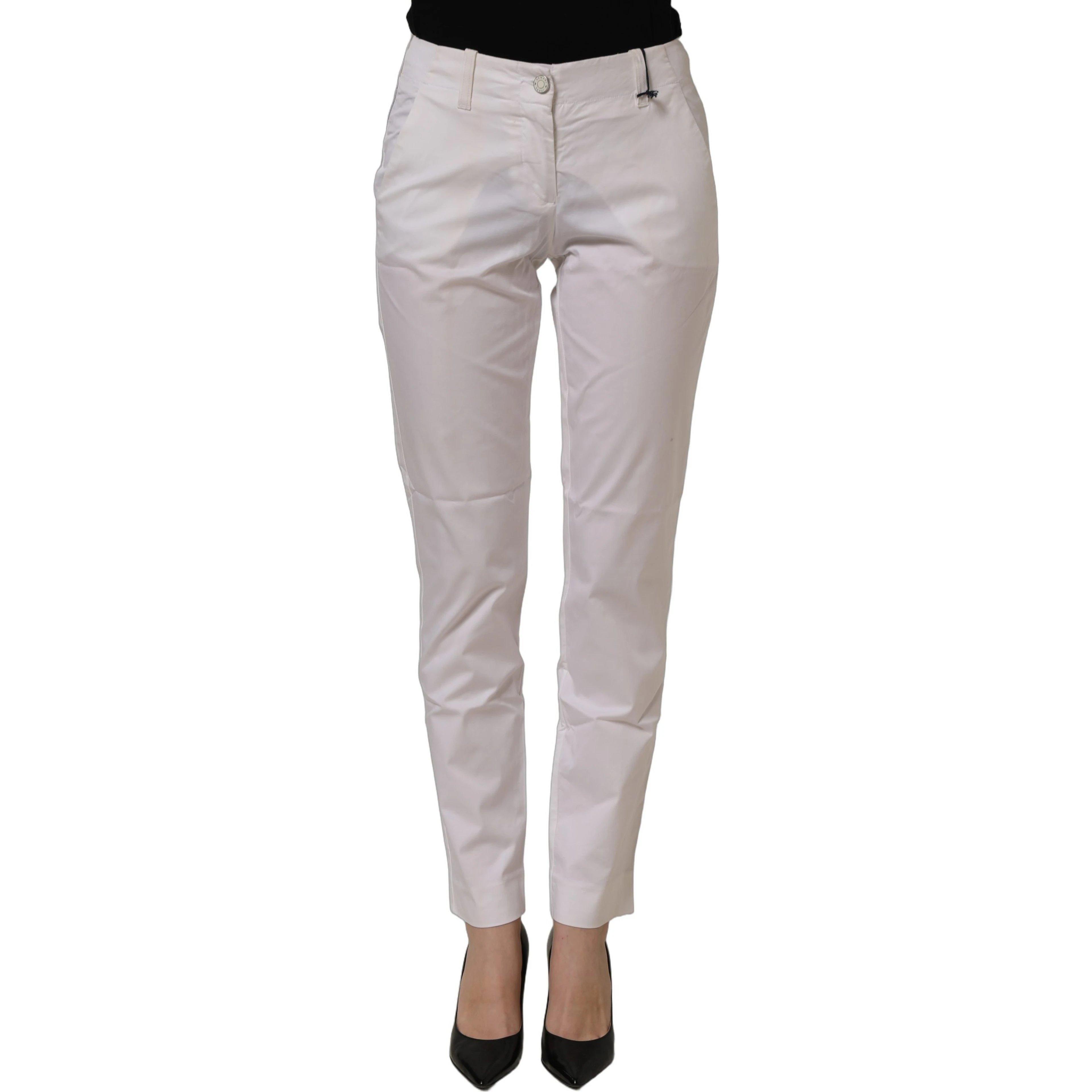 White Mid Waist Cotton Stretch Trouser Pants