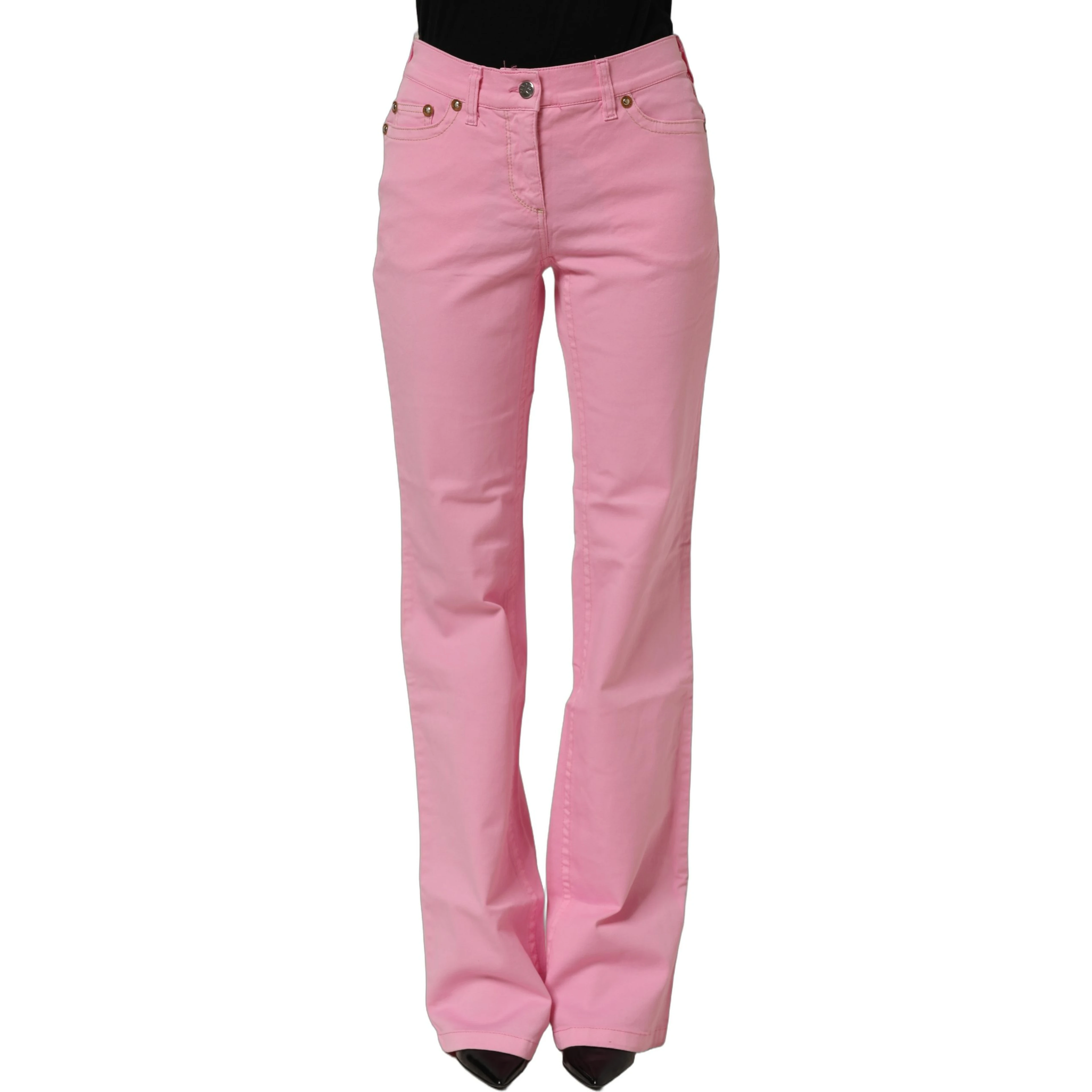 Pink Mid-Waisted Flared Denim Casual Jeans