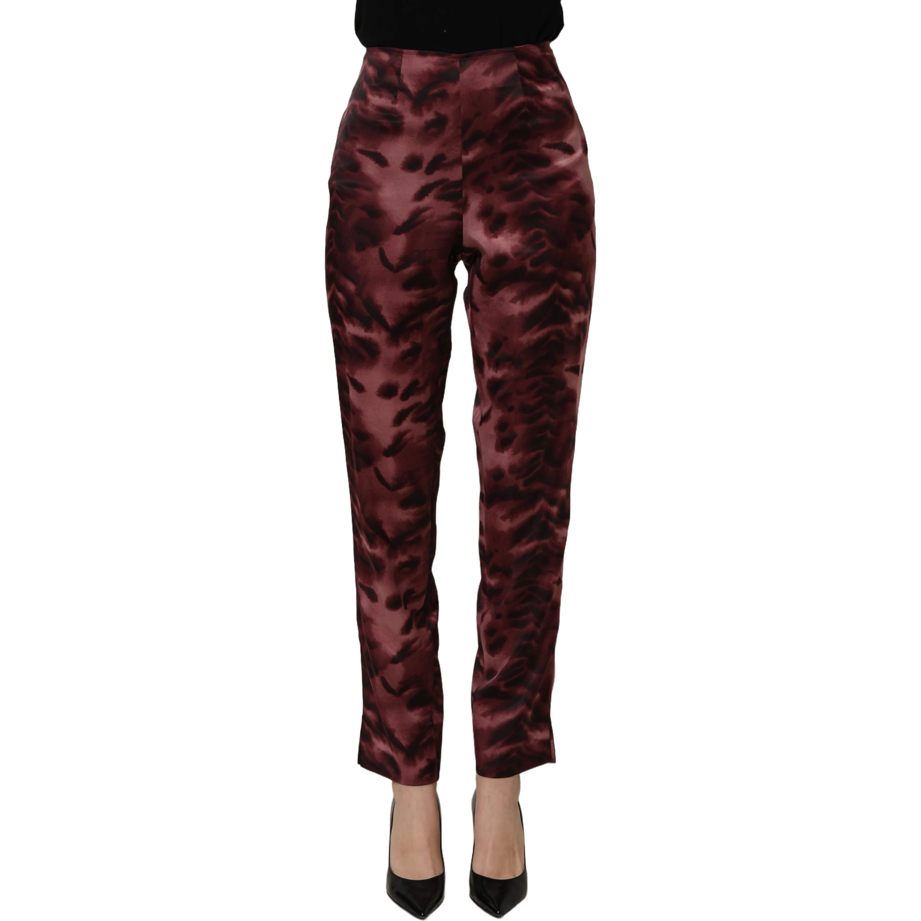Burgundy High Waist Patterned Straight Trouser Pants