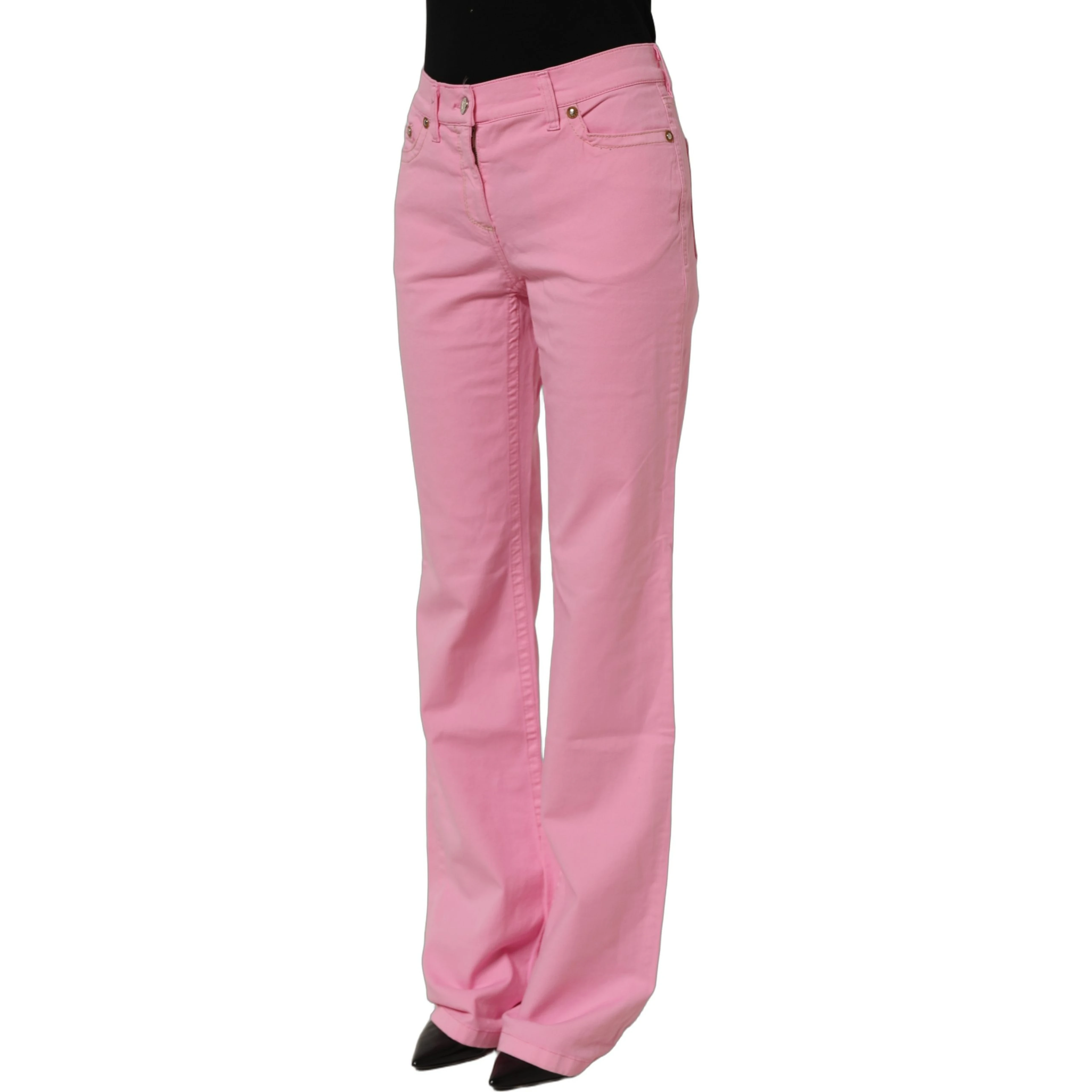 Pink Mid-Waisted Flared Denim Casual Jeans