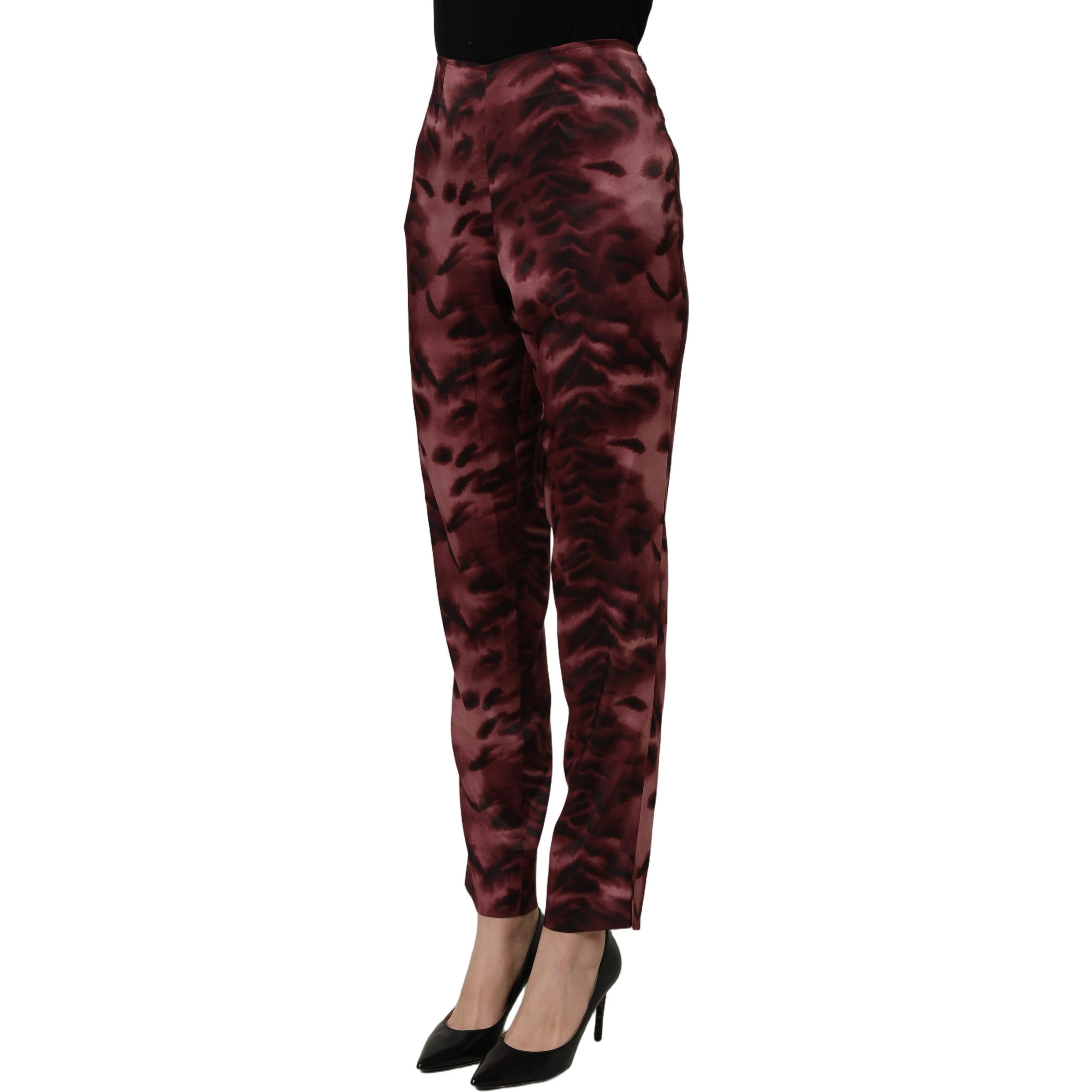 Burgundy High Waist Patterned Straight Trouser Pants