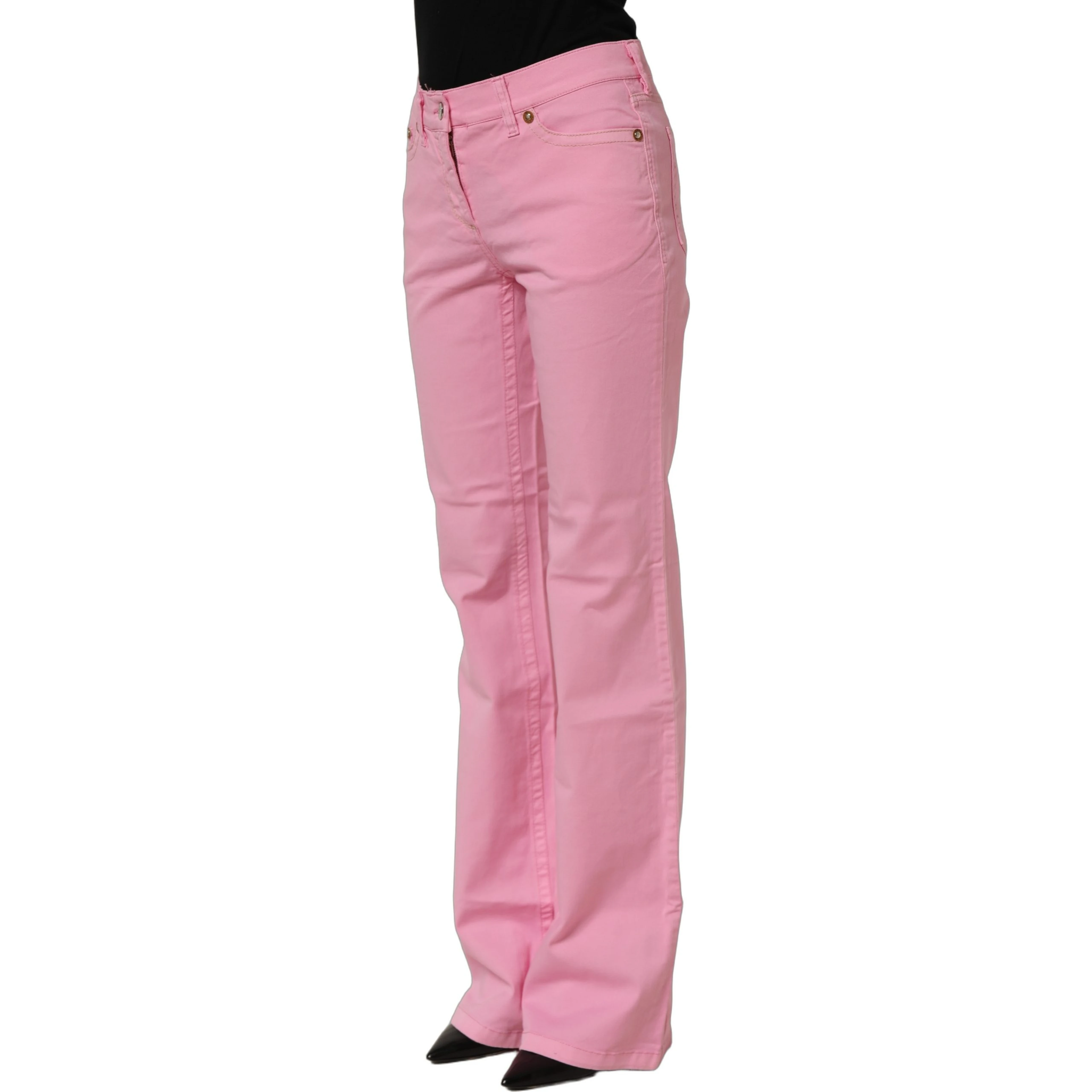 Pink Mid-Waisted Flared Denim Casual Jeans
