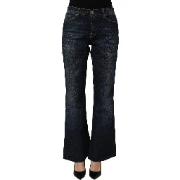 Dark Blue Washed Mid-Waisted Flared Denim Casual Jeans