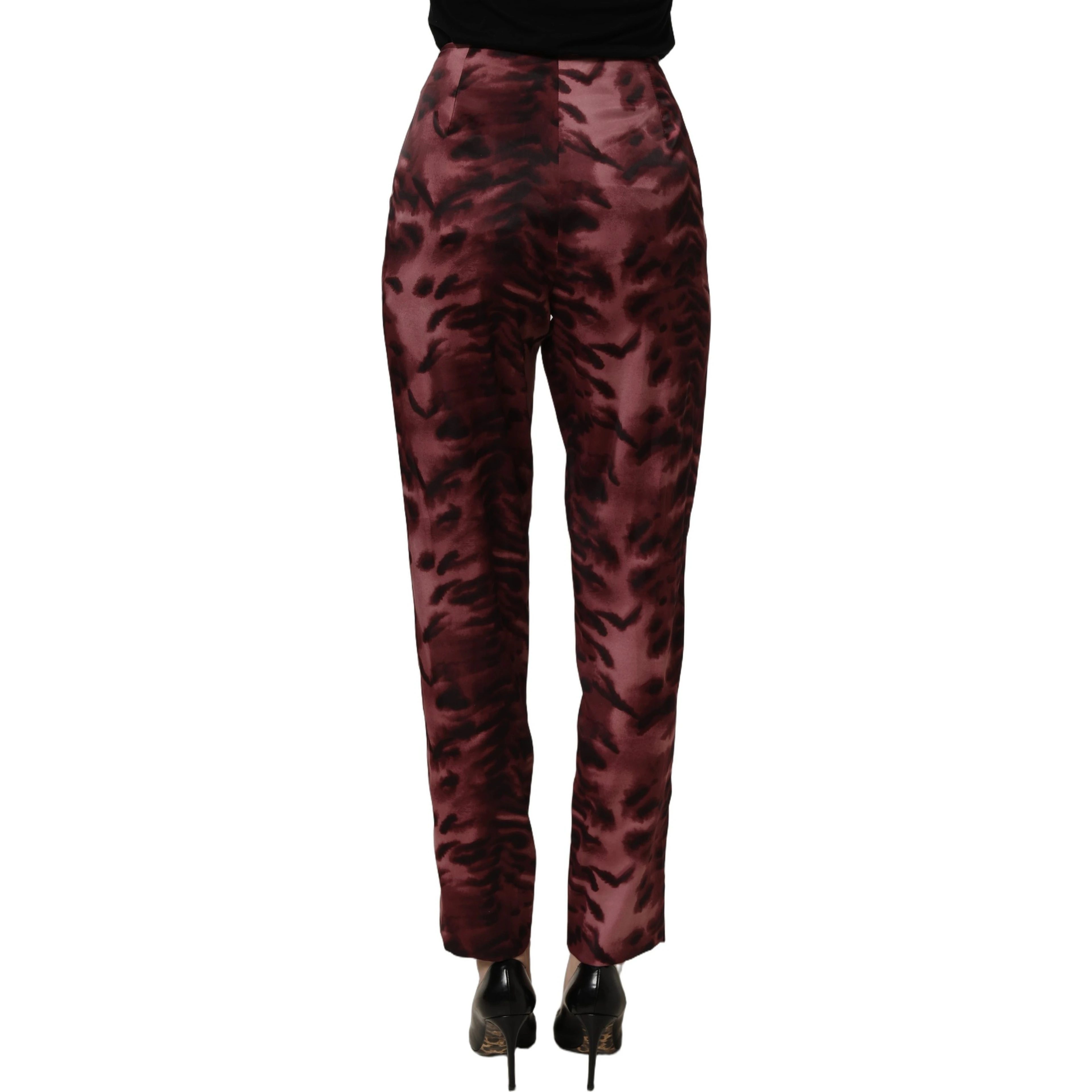 Burgundy High Waist Patterned Straight Trouser Pants