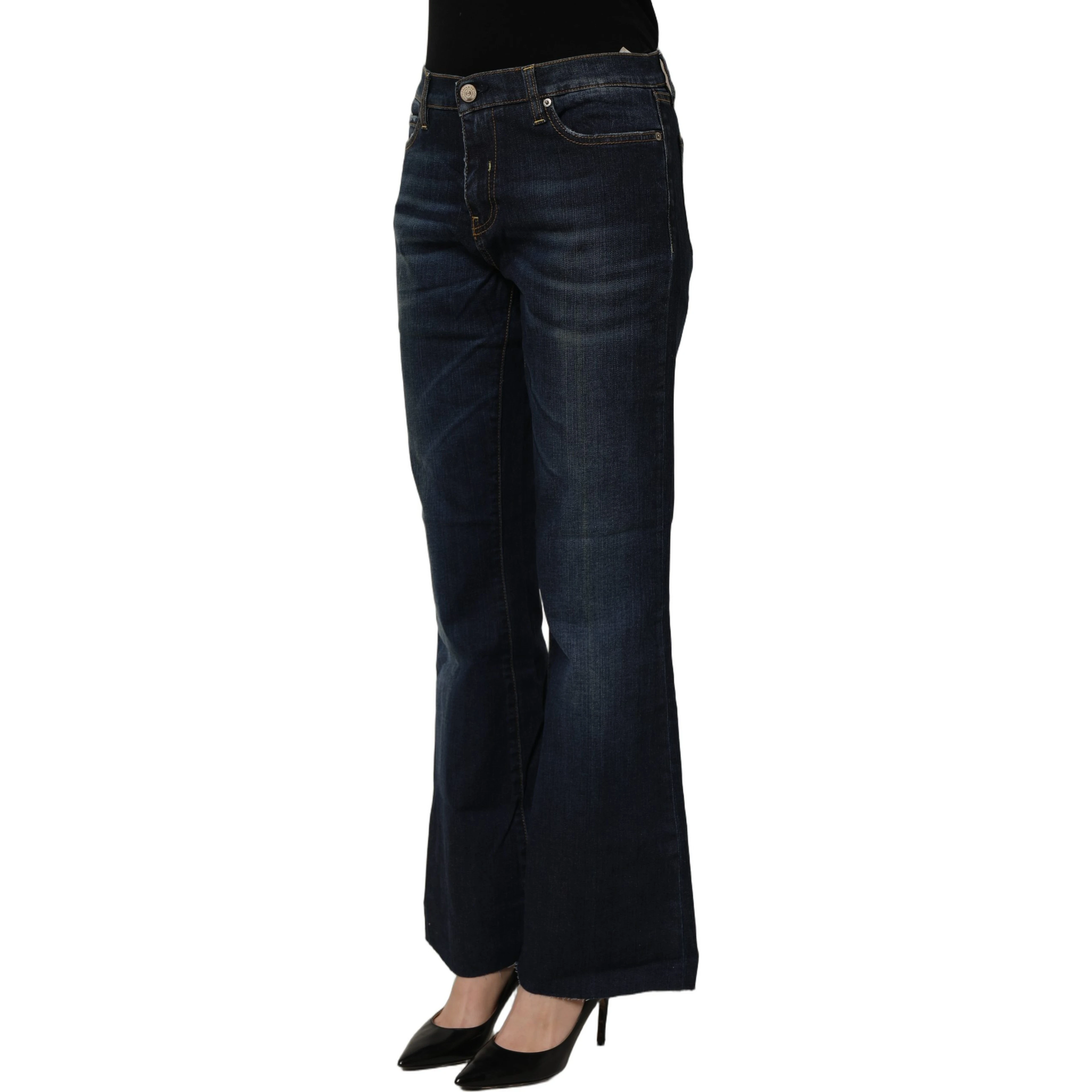 Dark Blue Washed Mid-Waisted Flared Denim Casual Jeans
