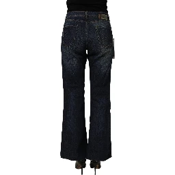 Dark Blue Washed Mid-Waisted Flared Denim Casual Jeans