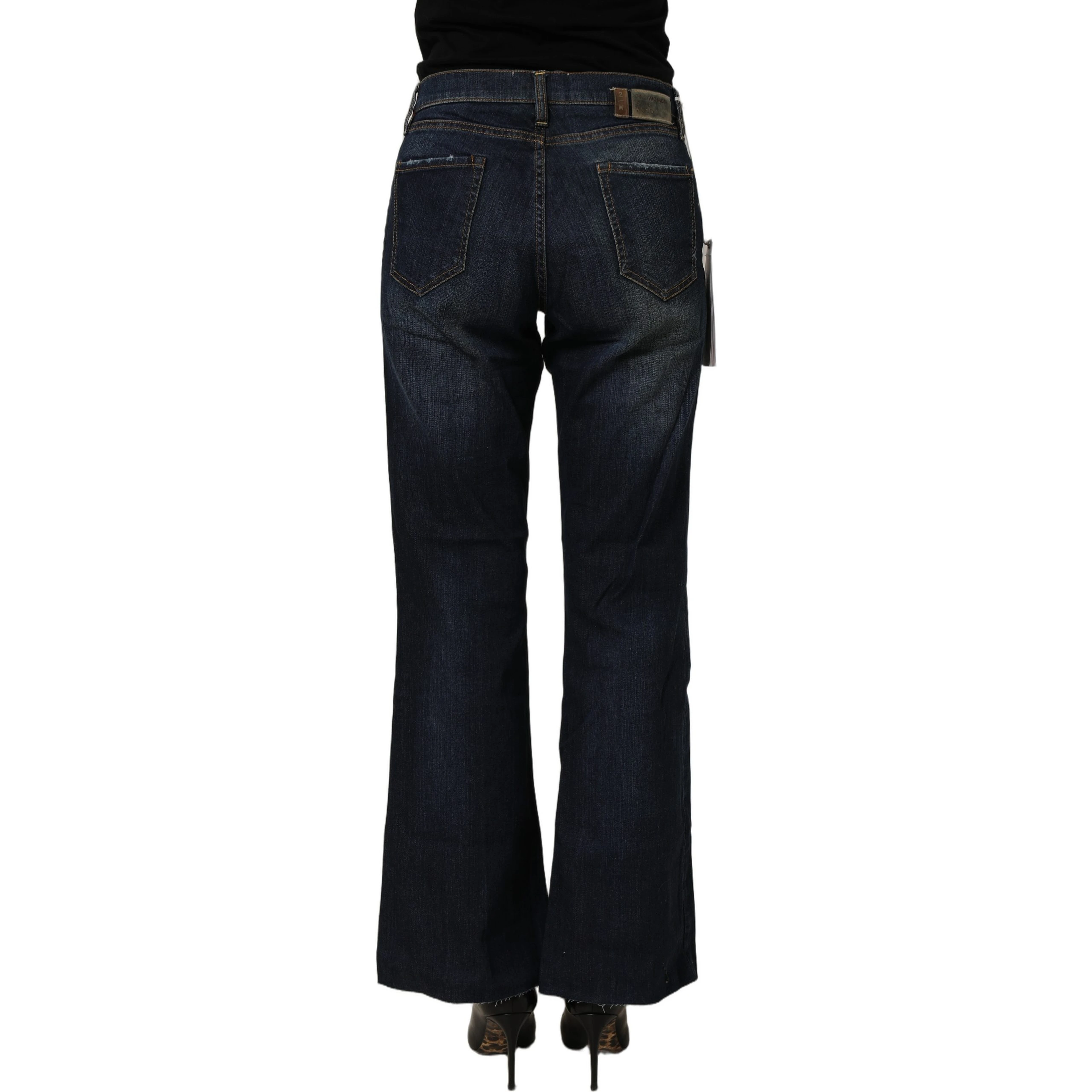 Dark Blue Washed Mid-Waisted Flared Denim Casual Jeans