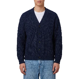 Navy blue wool cardigan over