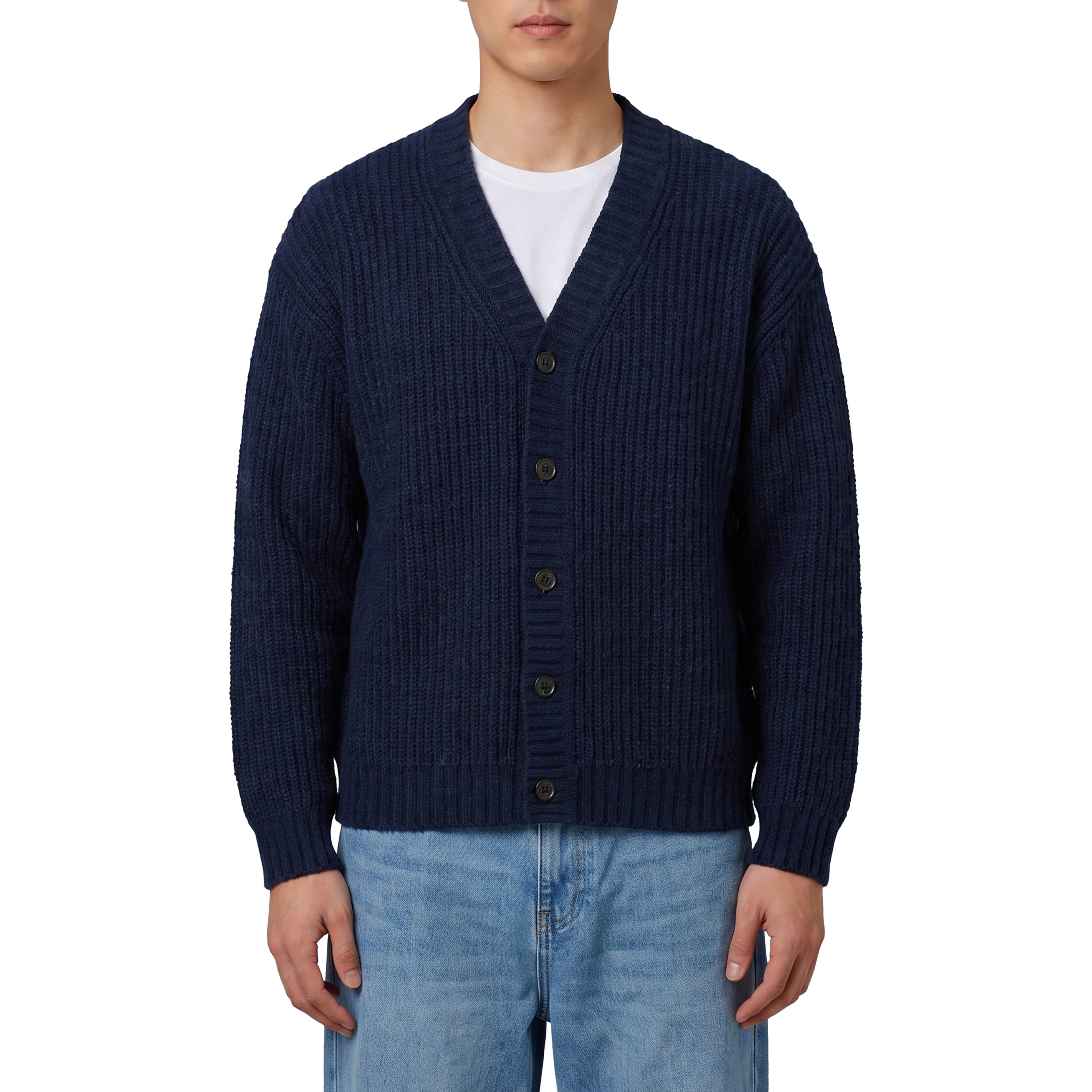 Navy blue wool cardigan over