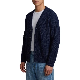 Navy blue wool cardigan over