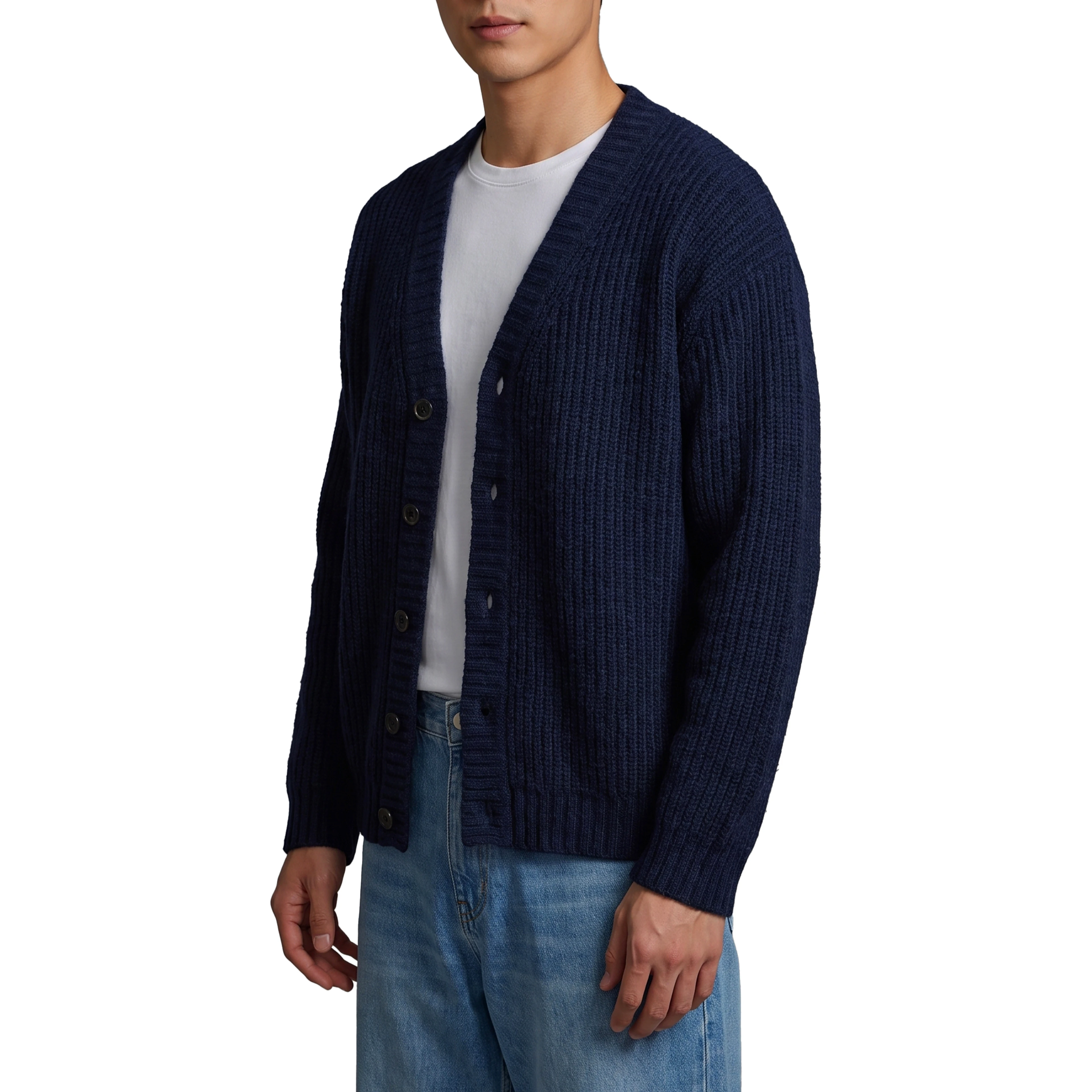 Navy blue wool cardigan over