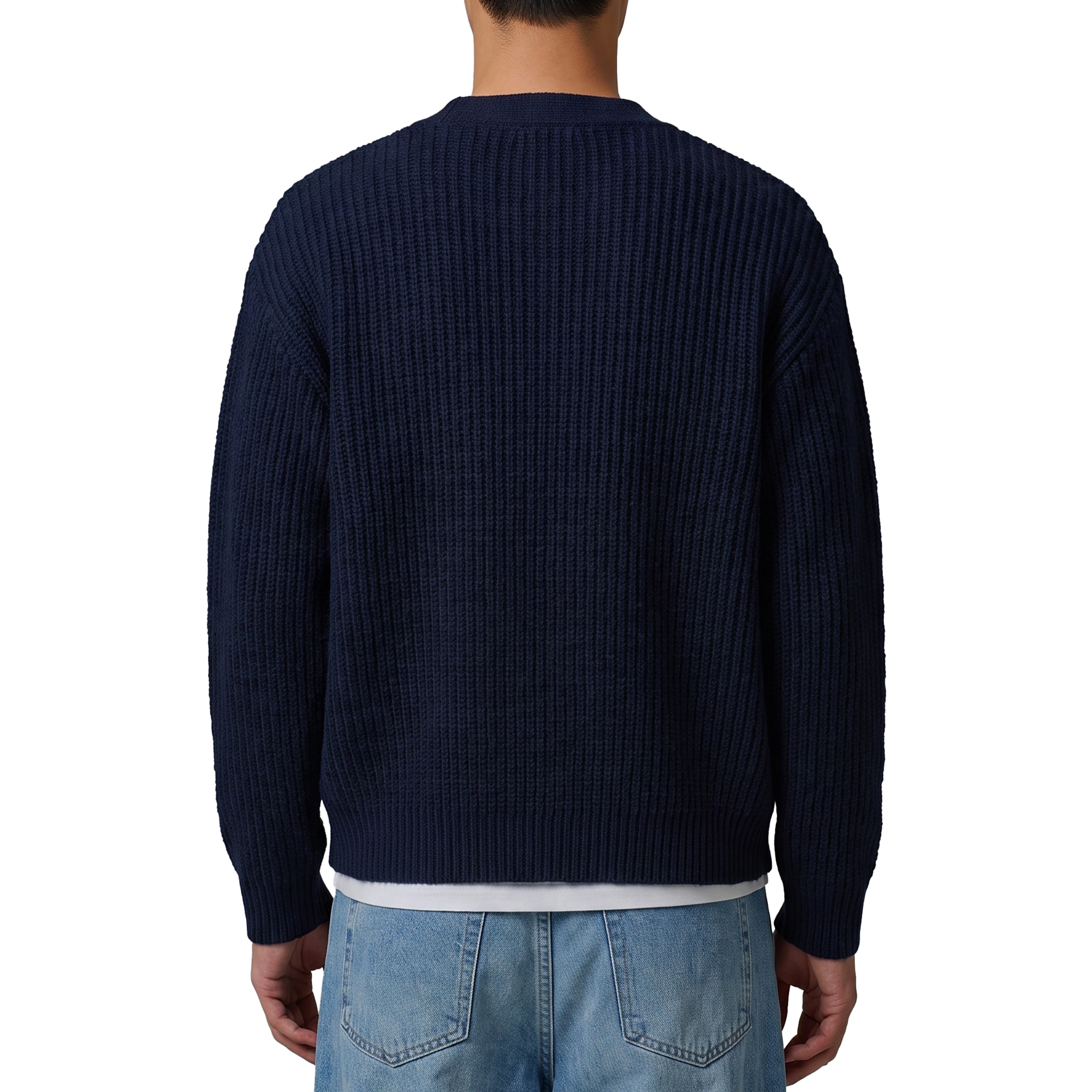 Navy blue wool cardigan over
