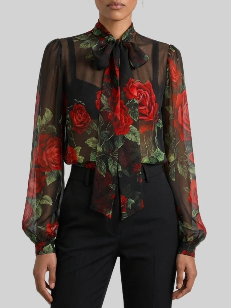 Red Rose chiffon blouse