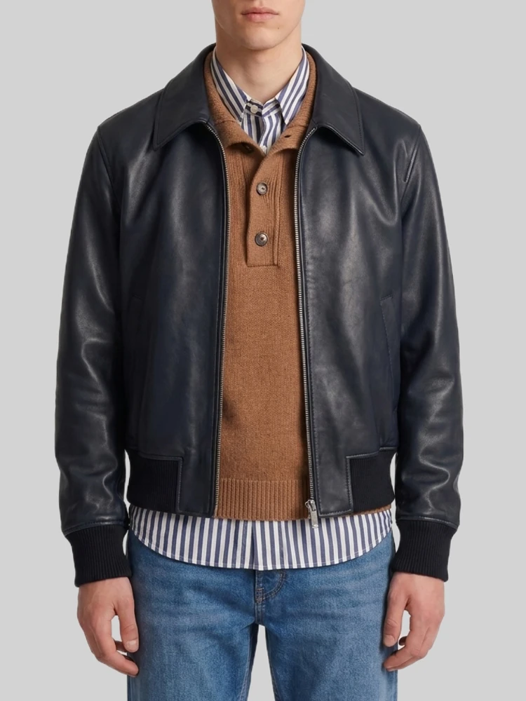 Black lambskin leather zip-up jacket